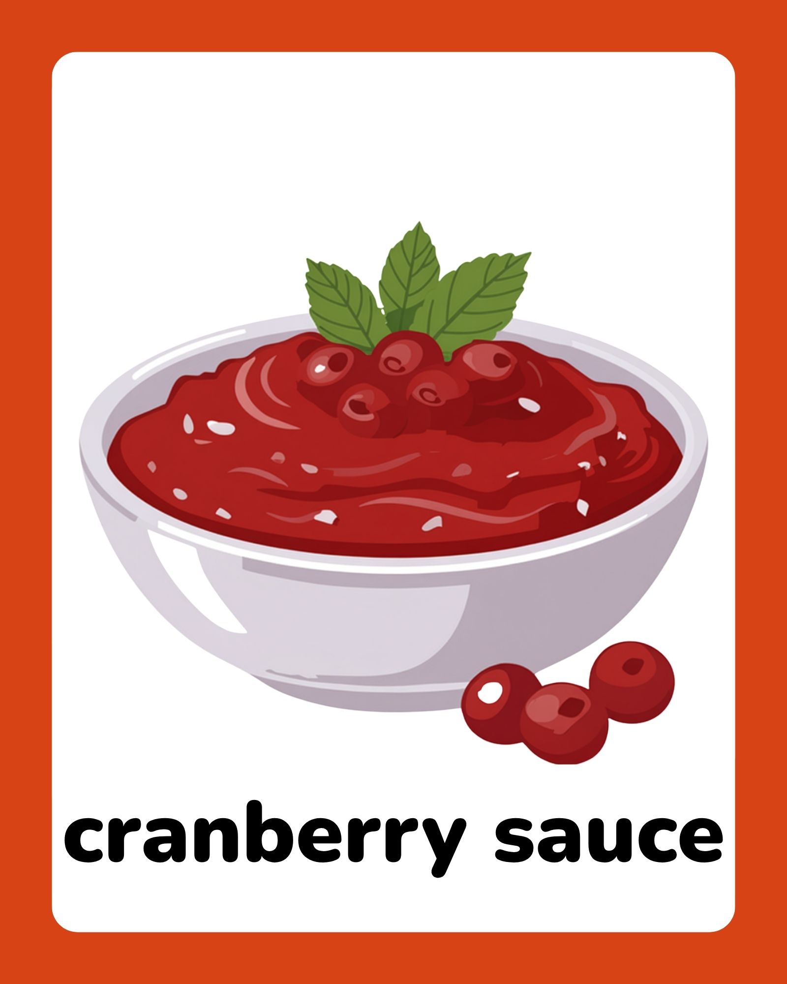 Bowl of thick red cranberry sauce topped with three green mint leaves and three loose cranberries on a white background with orange borders.
