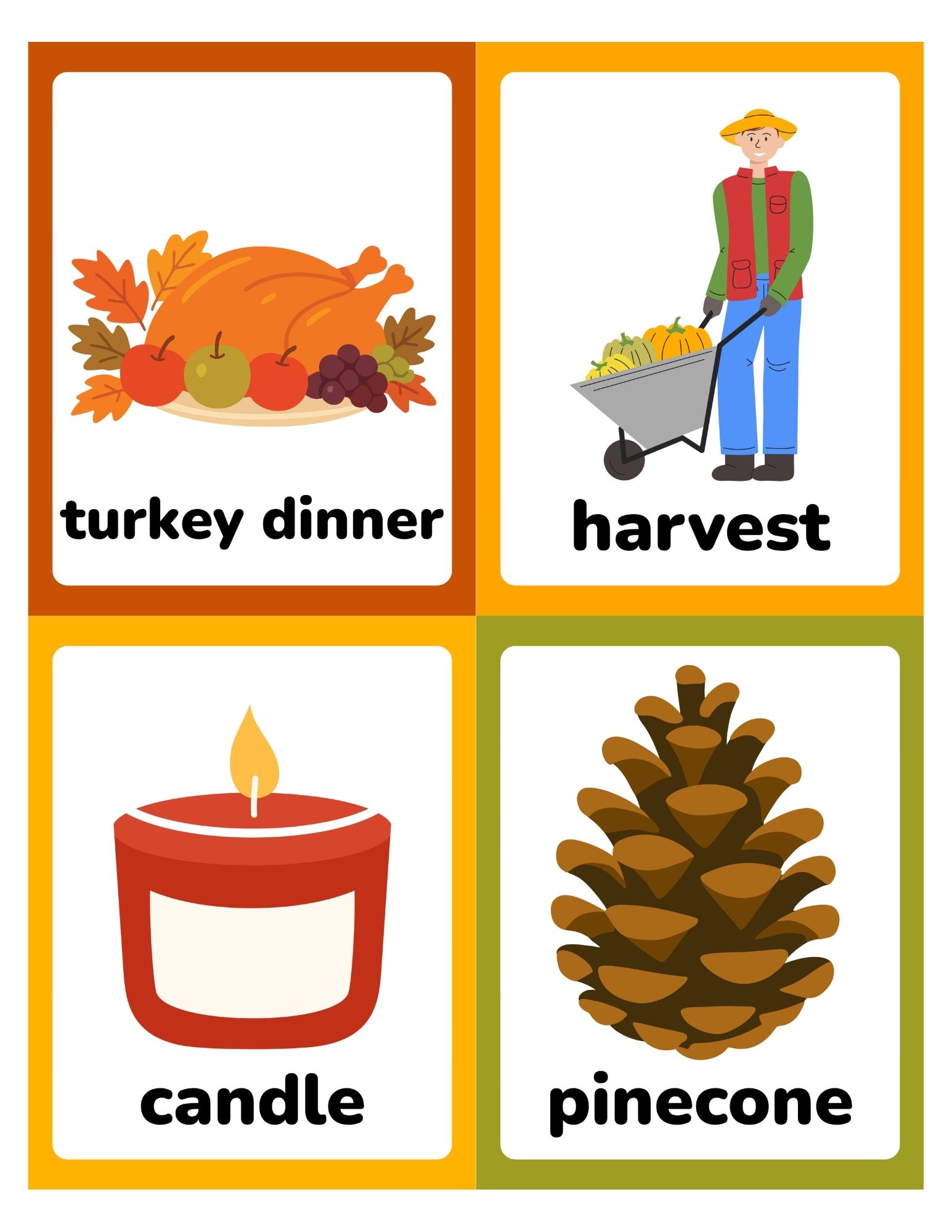 Four colorful autumn-themed flashcards showing turkey dinner, harvest with a farmer, a lit red candle, and a pinecone.