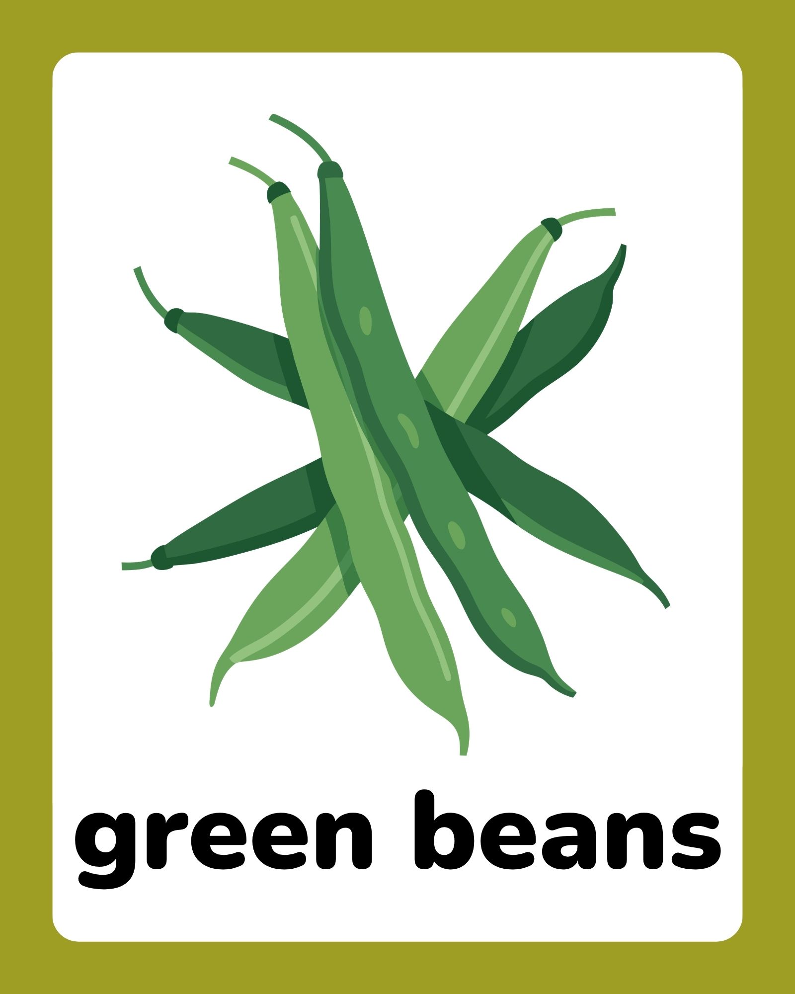 Stacked green bean pods illustrated in varying shades of green above bold black text on a white card with olive border.
