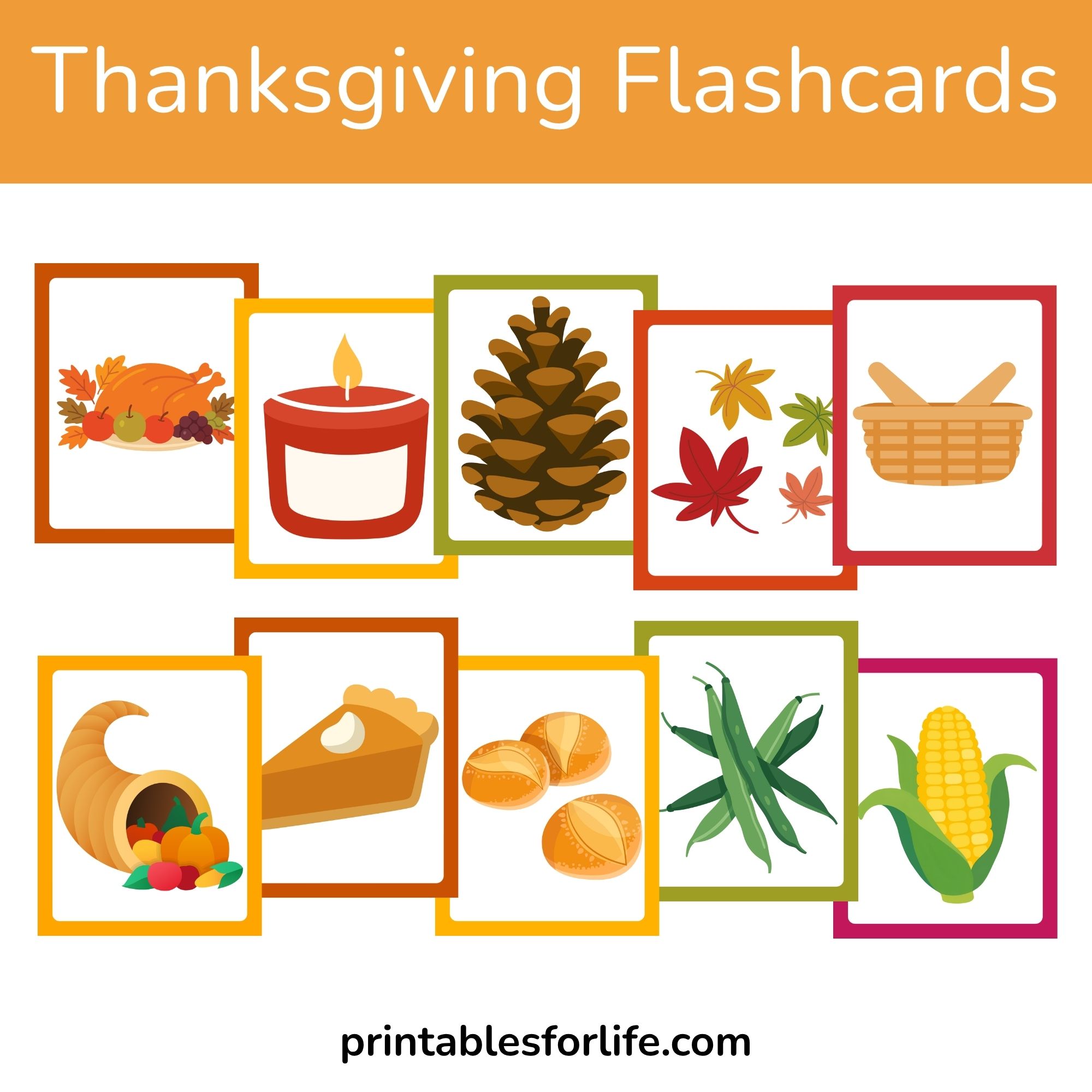 Rows of colorful Thanksgiving flashcards showing icons like turkey, candle, pine cone, leaves, corn, pie and basket.