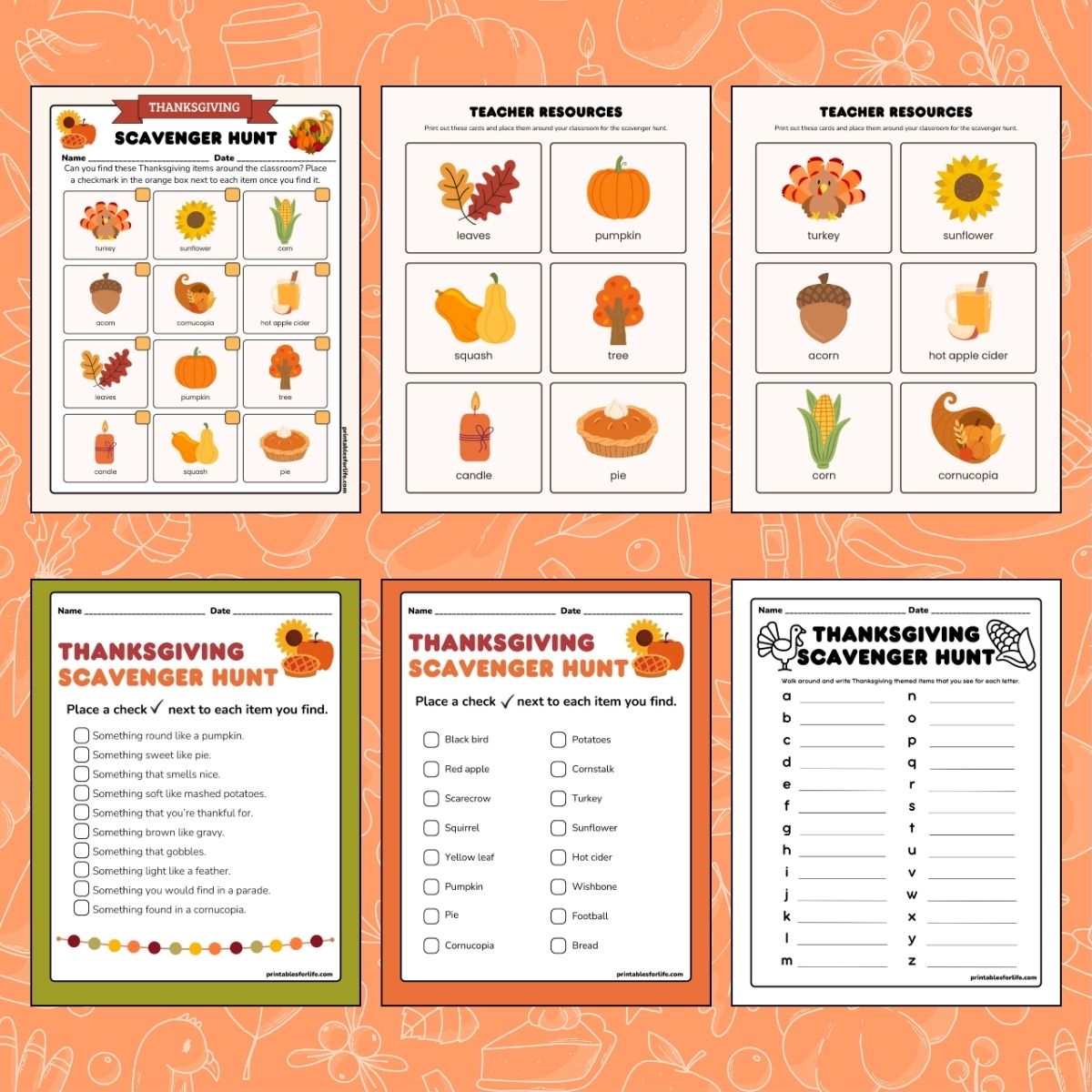 Six autumn-themed printable scavenger hunt worksheets with Thanksgiving icons, checkboxes, and letter prompts on orange patterned background.