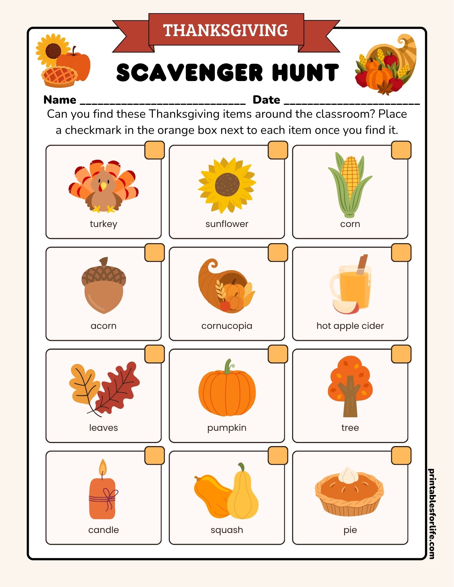Vertical Thanksgiving scavenger hunt sheet with labeled icons like turkey, sunflower, corn, acorn, pumpkin and pie in a grid.