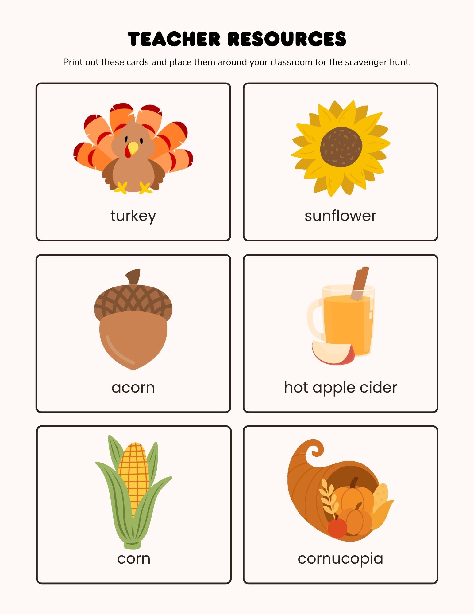 Six rectangular cards in two columns show autumn-themed clipart with labels: turkey, sunflower, acorn, hot apple cider, corn, cornuopia.