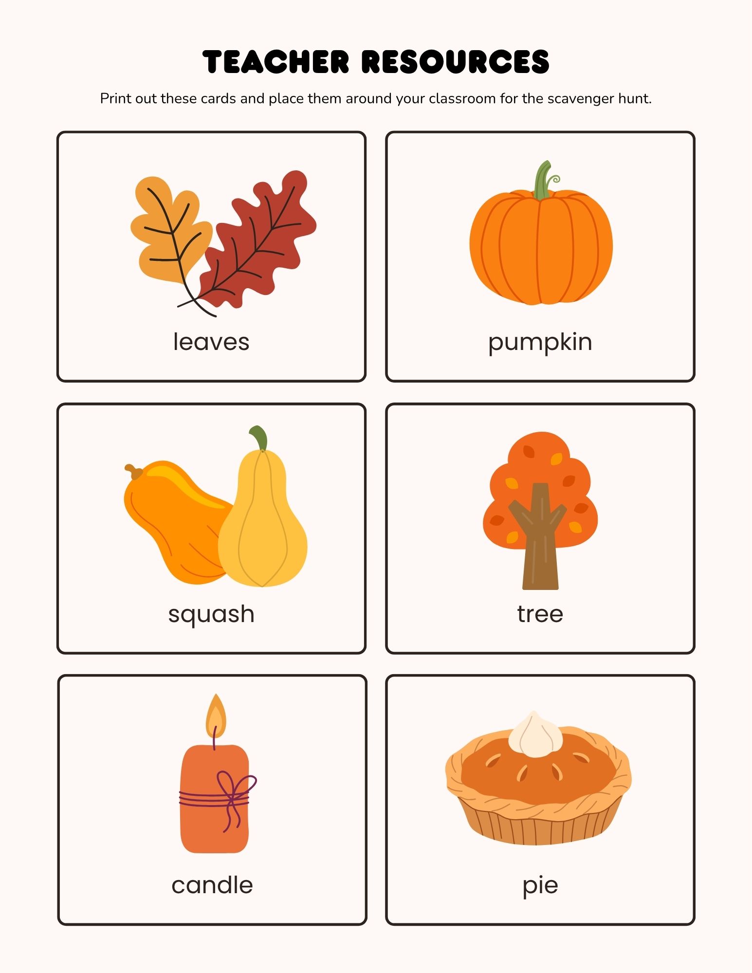 Six labeled autumn-themed flashcards arranged in two vertical columns showing leaves, pumpkin, squash, tree, candle, and pie.
