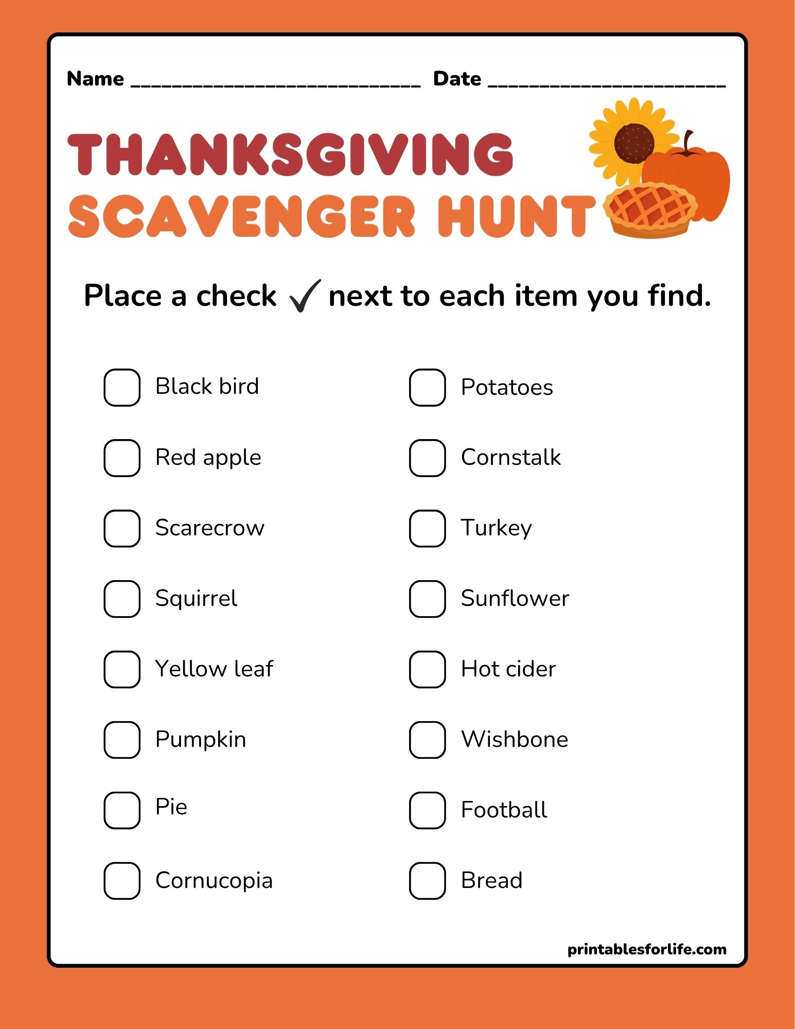 Vertical Thanksgiving scavenger hunt checklist with decorative pumpkin, sunflower, and pie, and checkboxes beside listed items.