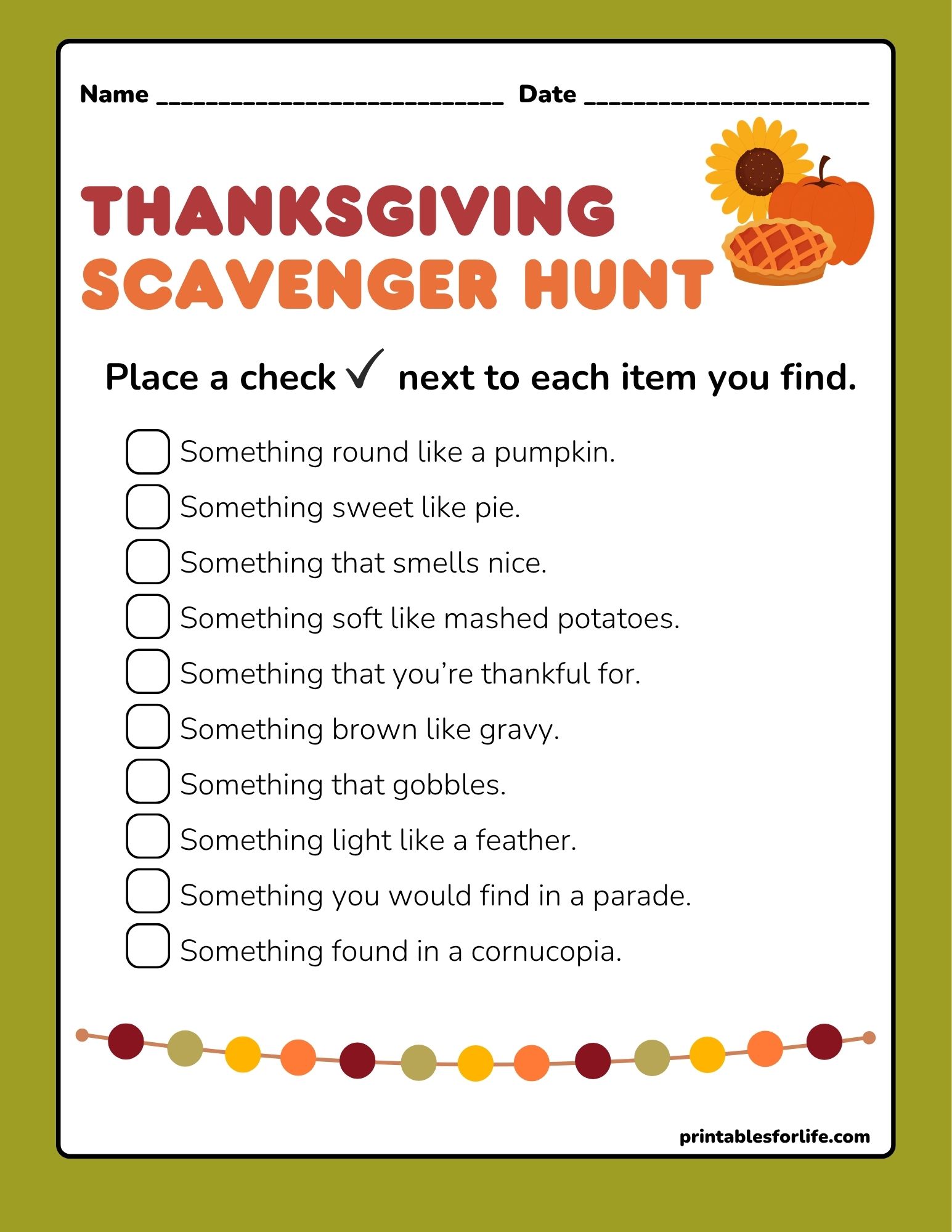 Vertical Thanksgiving scavenger hunt checklist with decorative pumpkin, pie and sunflower, checkboxes and multiple prompts on white sheet.