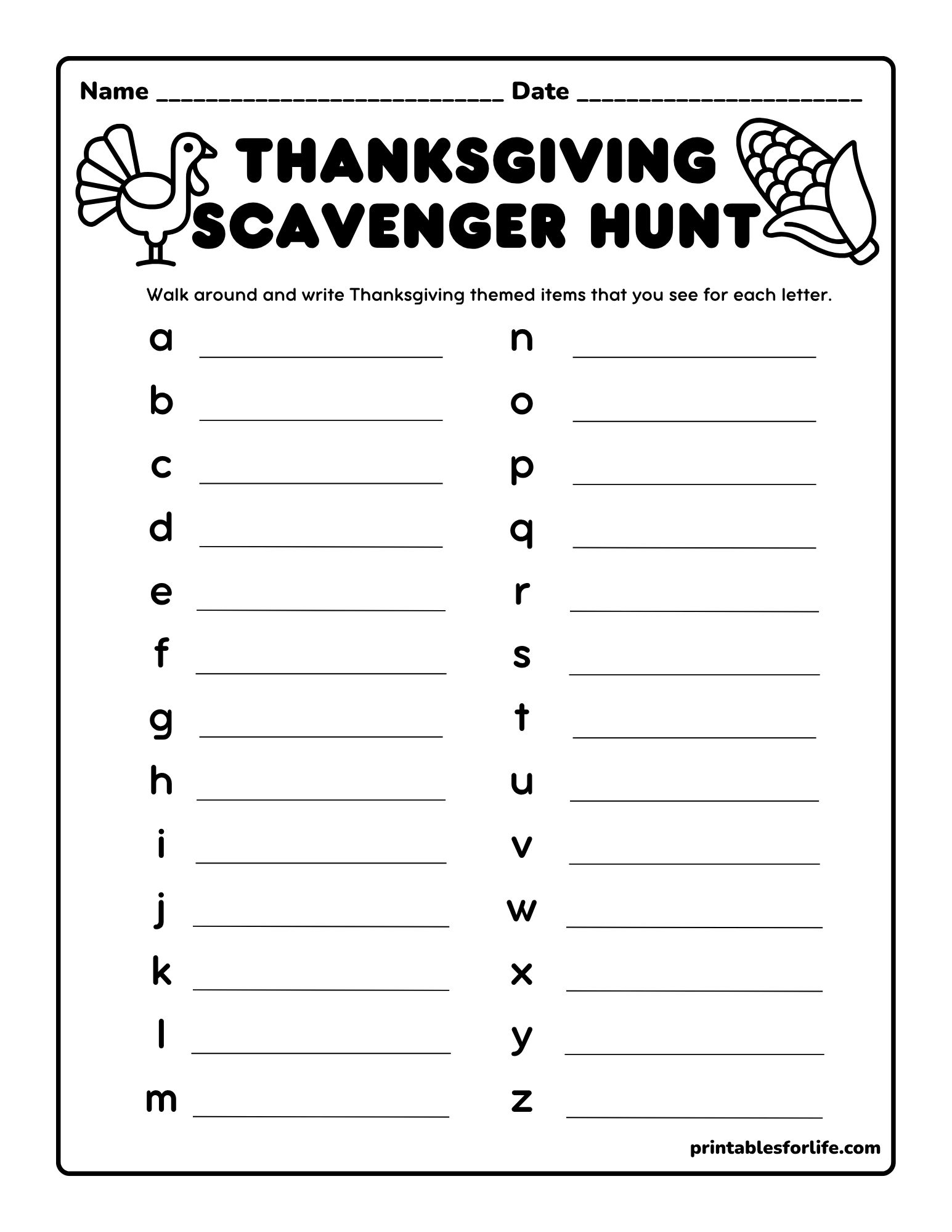 Black-and-white Thanksgiving scavenger hunt worksheet with alphabet lines from a to z and decorative turkey and corn illustrations.