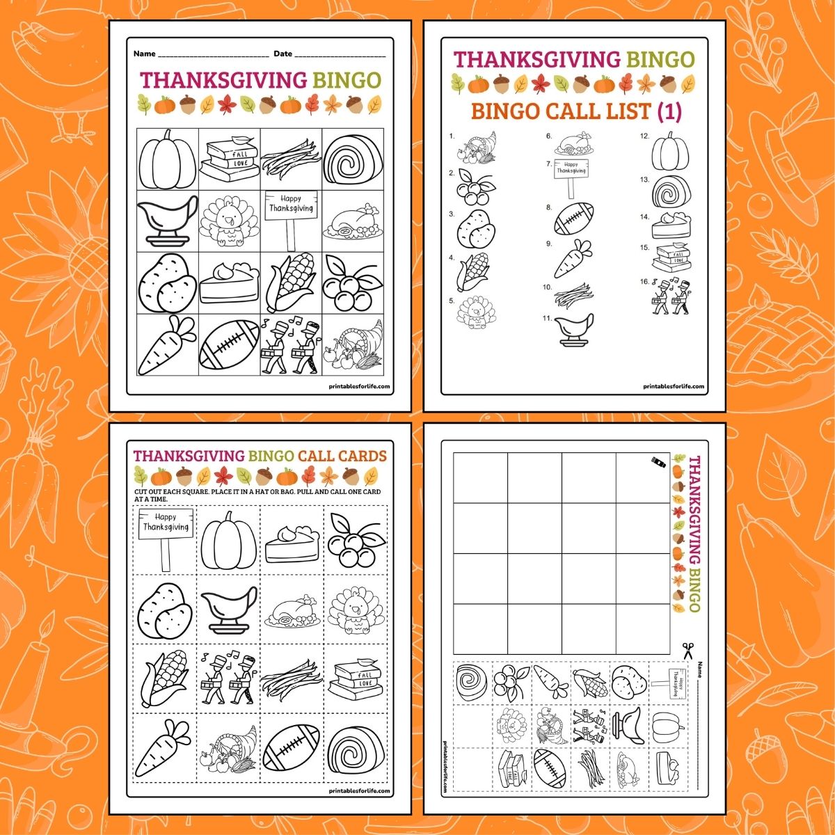Four-page black-and-white Thanksgiving bingo printable set with themed icons like turkey, pumpkin, pie, corn, and football.