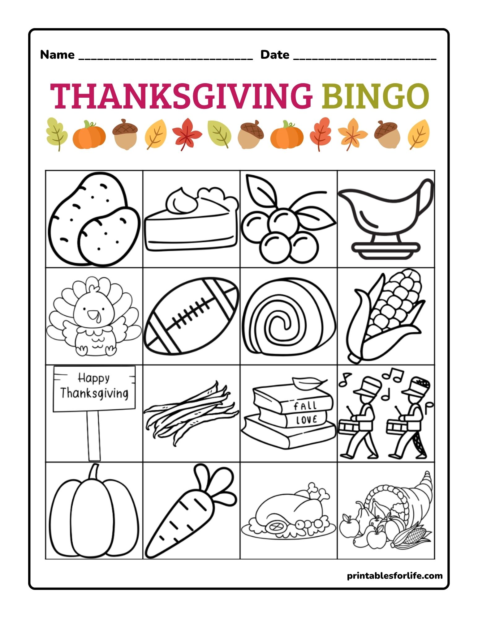 Black-and-white Thanksgiving bingo grid with 4x4 illustrated squares showing turkey, pie, corn, pumpkin, drumline and other holiday icons.