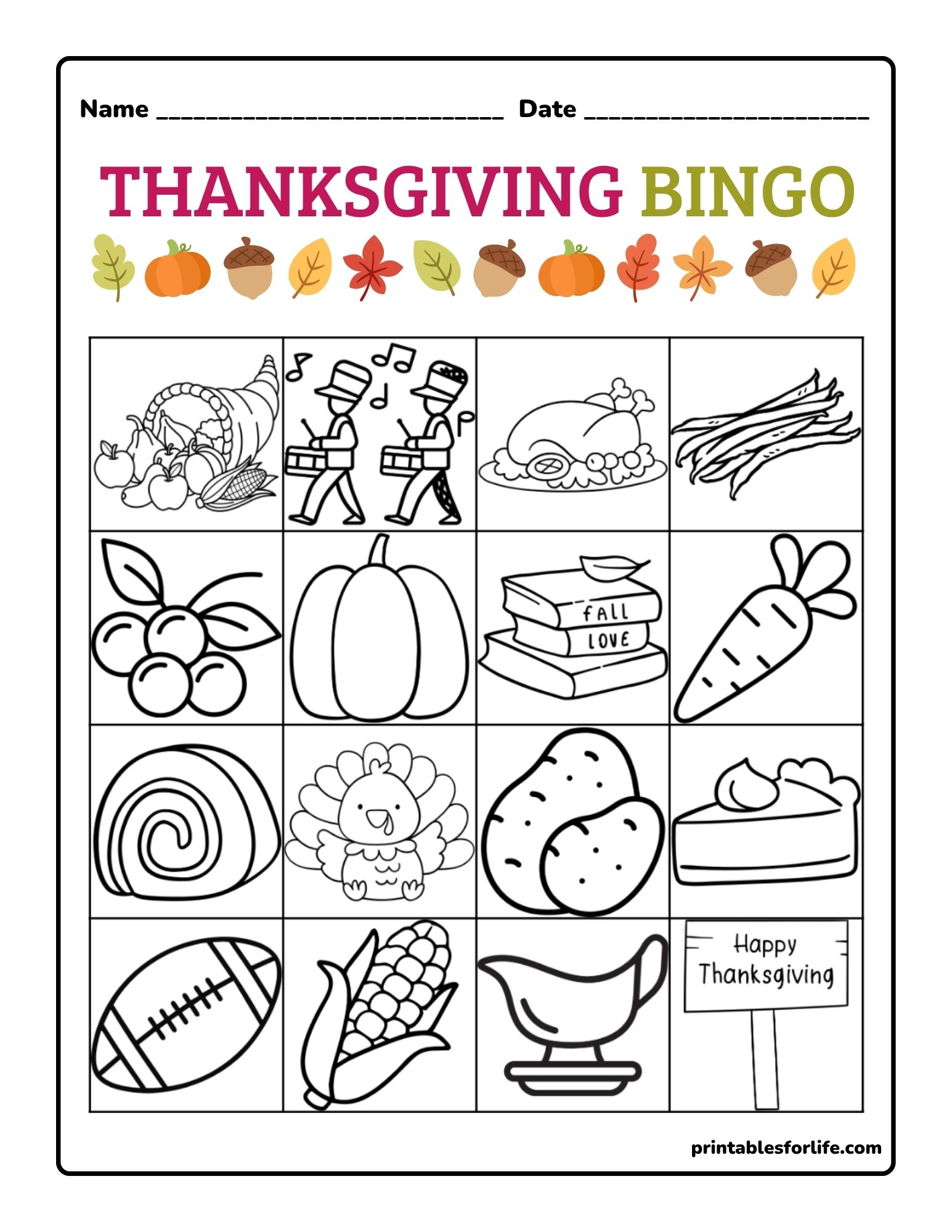 Black-and-white Thanksgiving bingo grid with 4x4 illustrated holiday icons including turkey, pumpkin, pie, corn, and gravy.