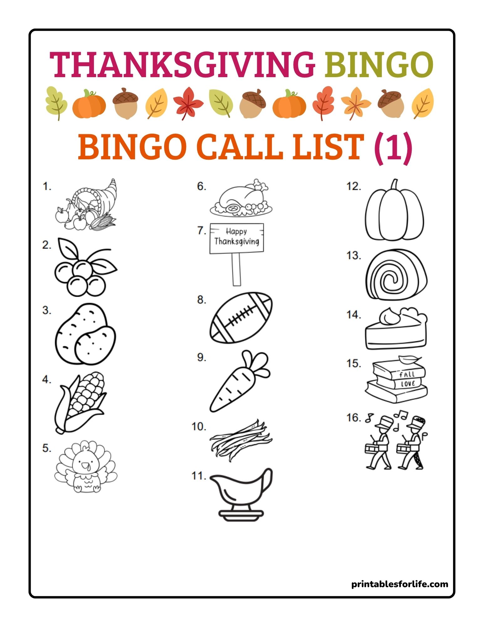 Vertical Thanksgiving bingo call list with numbered black-and-white icon drawings like turkey, pumpkin, pie, and corn.