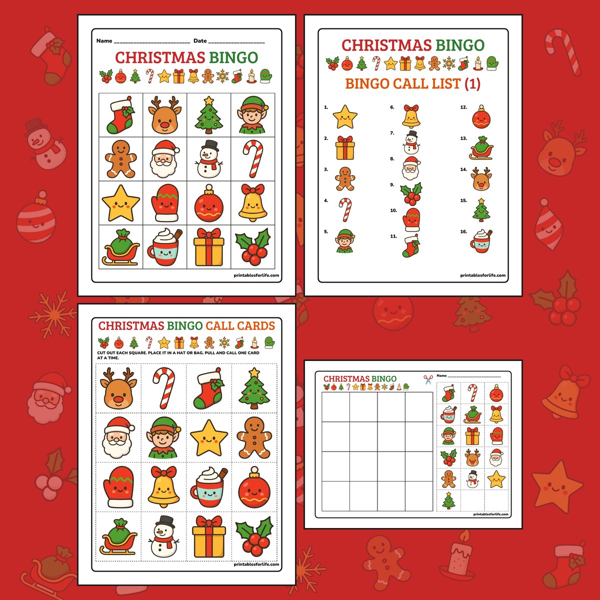 Christmas bingo printable set showing a bingo card, call list, call cards and a DIY grid with full-color icons like stocking, reindeer, tree, elf and gingerbread man.