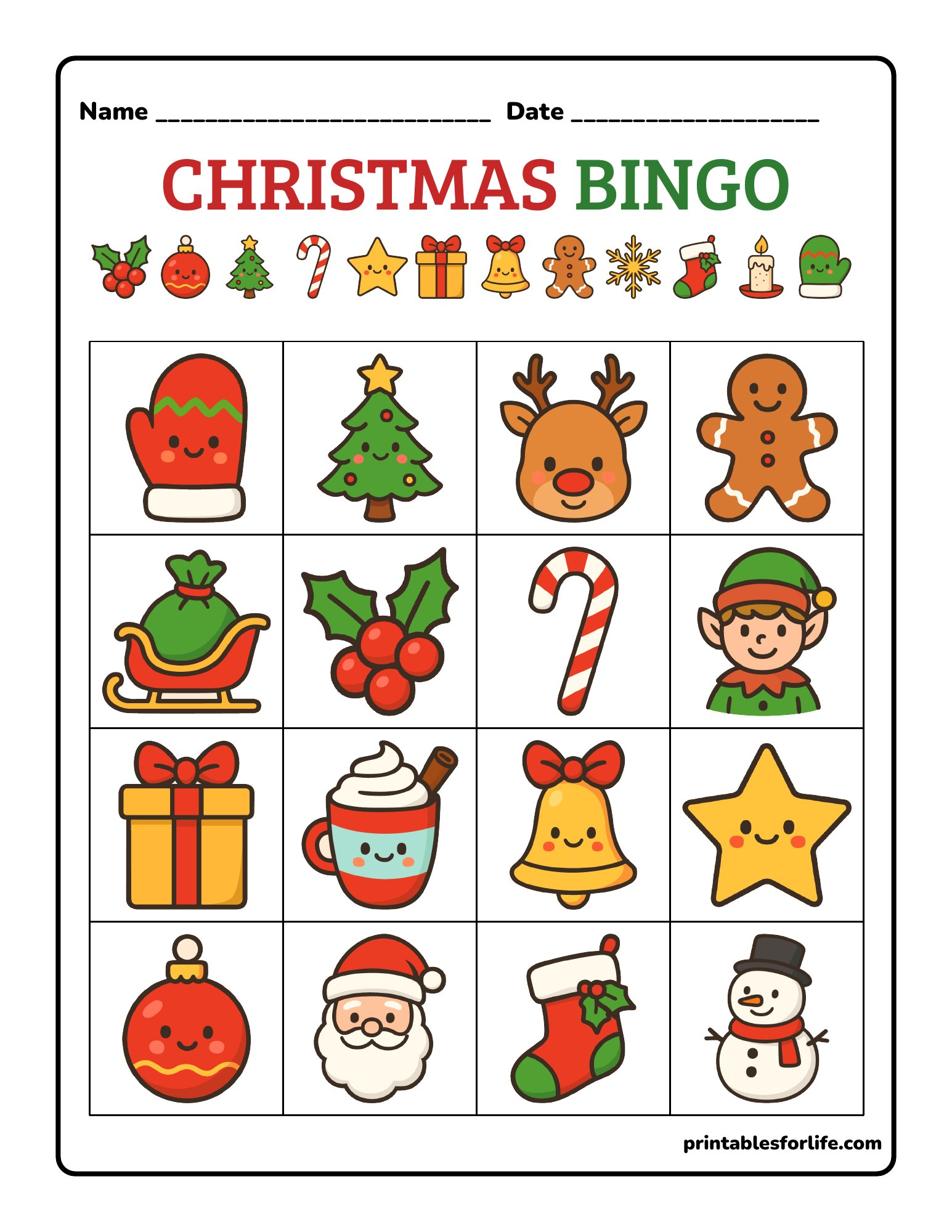 Christmas bingo sheet with a 4x4 grid of full-color icons like stocking, reindeer, tree, elf, gingerbread man and Santa.