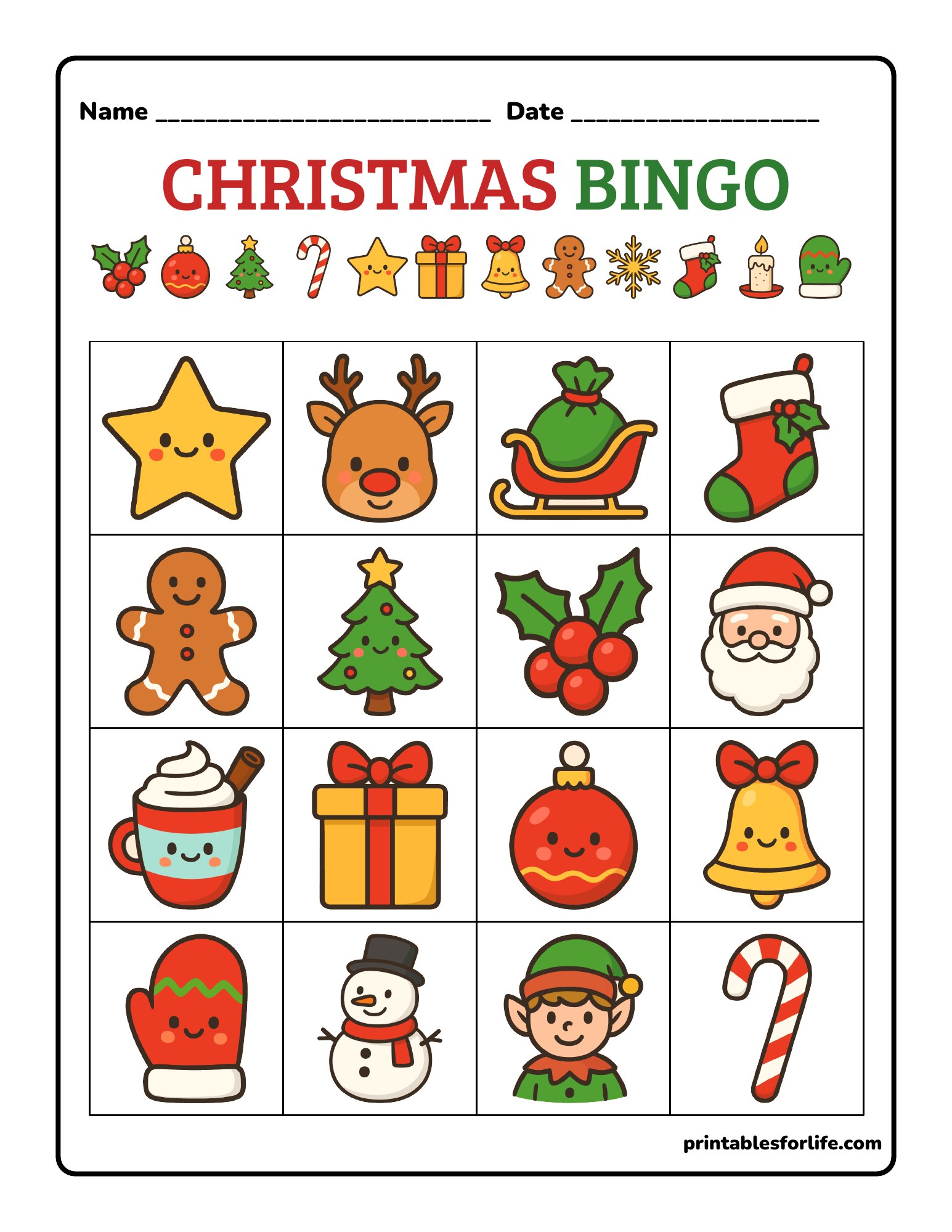 Printable Christmas bingo card with a 4x4 grid of cute icons including snowman, candy cane, bell, star and holly.