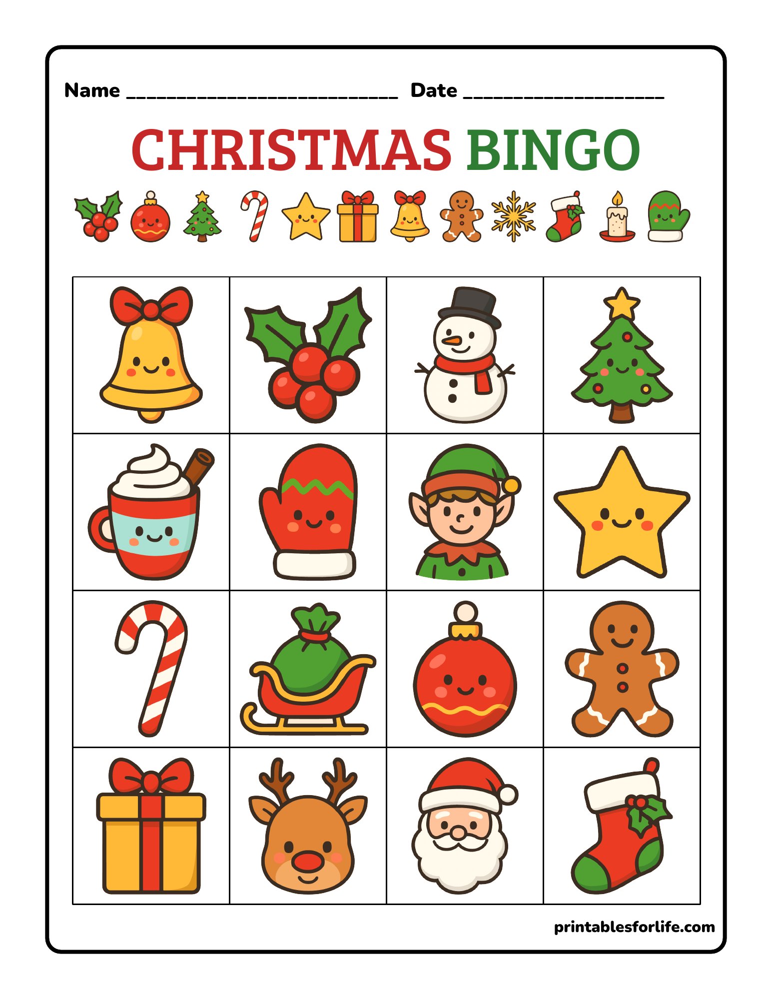 Christmas bingo board with 16 illustrated squares showing gift, sleigh, hot cocoa, mitten, ornament and gingerbread man.