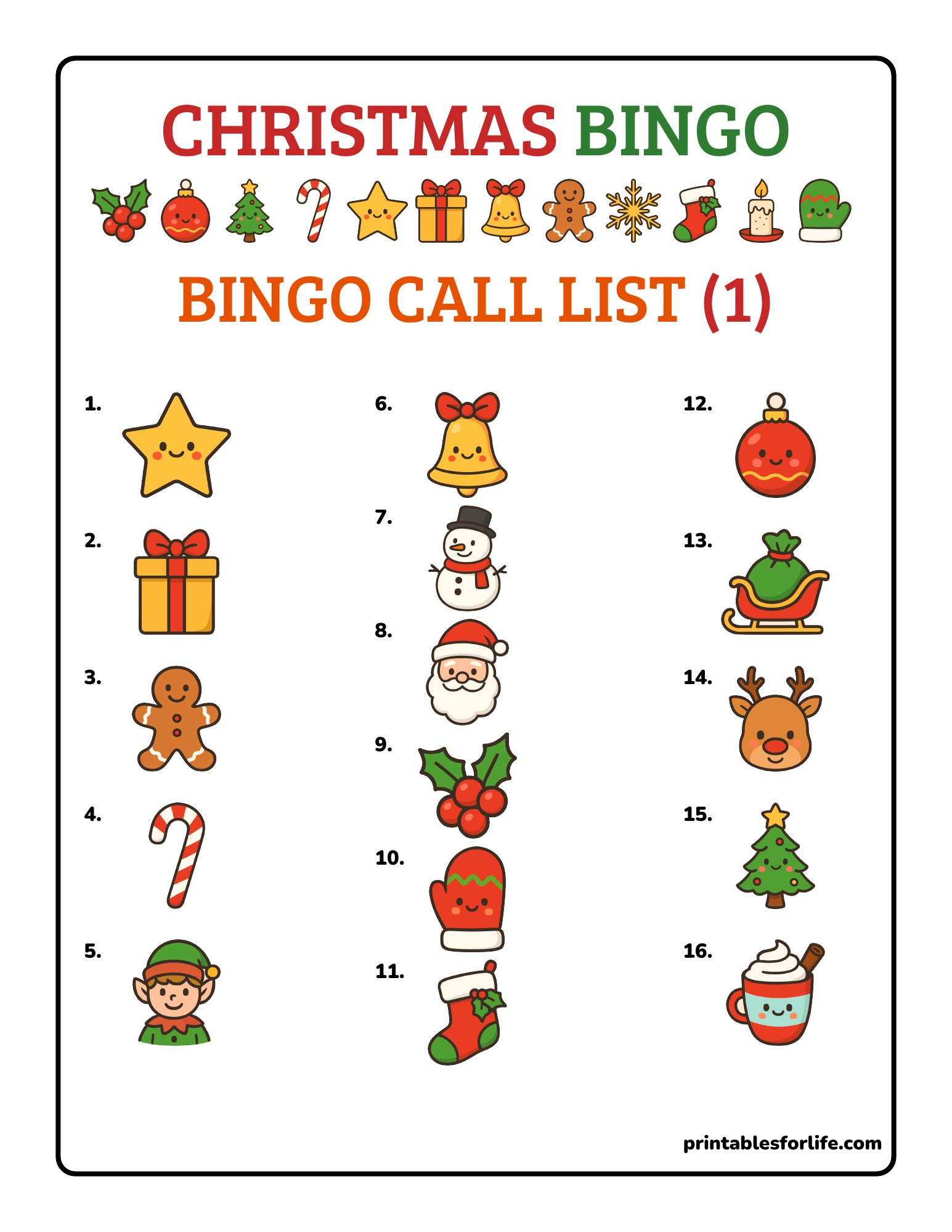 Vertical Christmas bingo call list with numbered full-color icons like star, gift, gingerbread man, candy cane and elf.