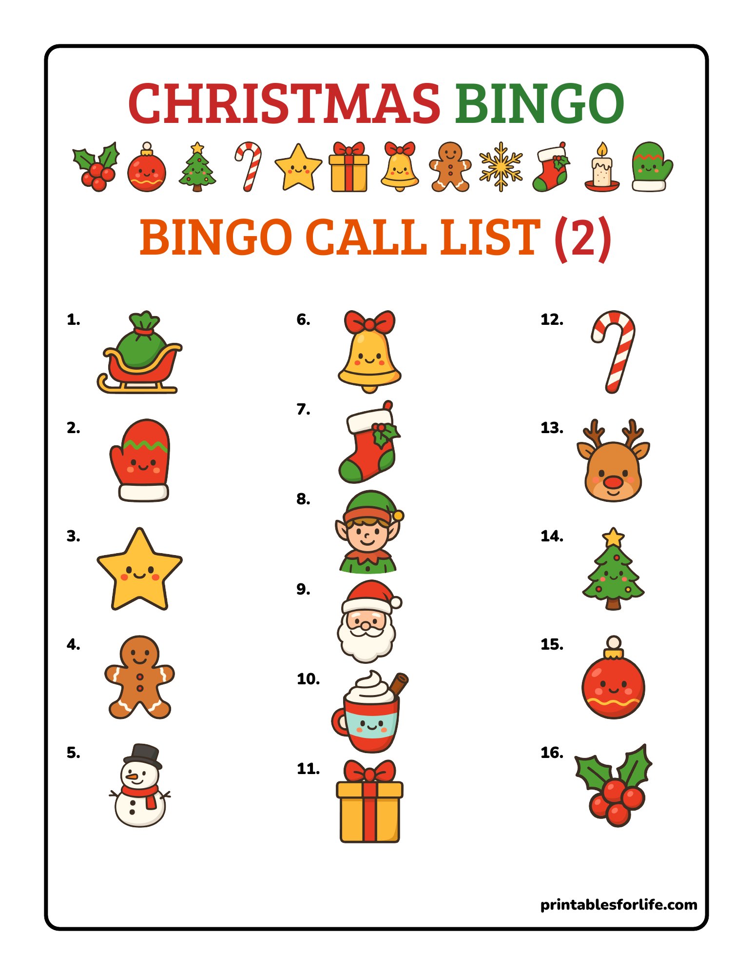 Christmas bingo call list with numbered holiday icons arranged in three columns under a red and green header.