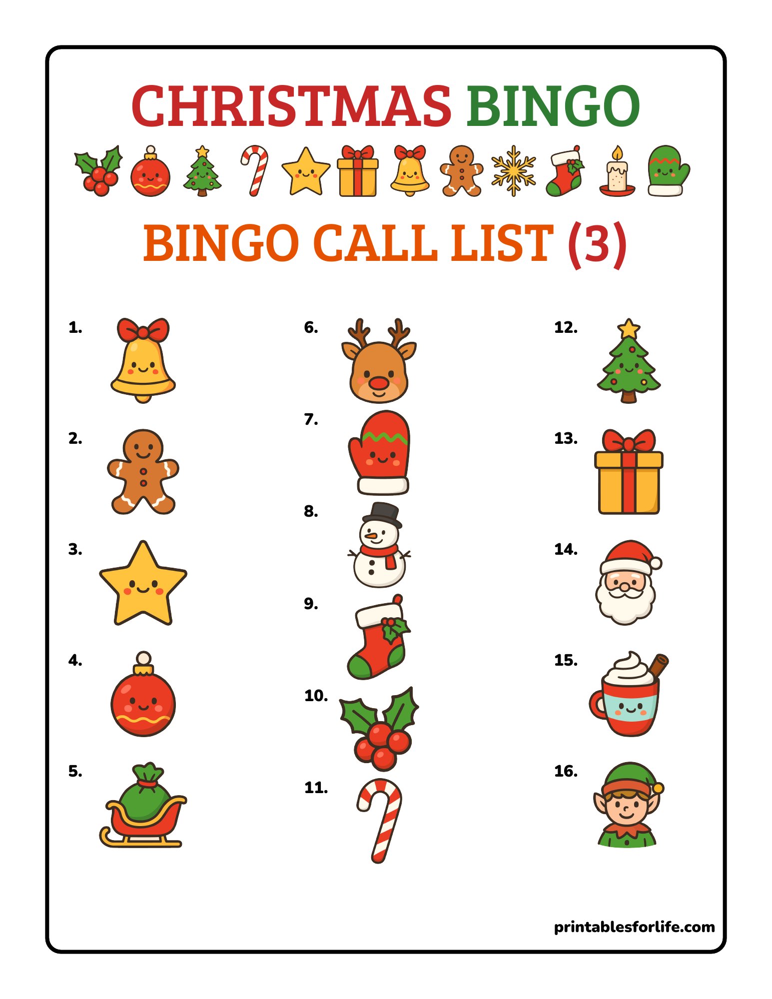 Numbered Christmas bingo caller list with icons including bell, snowman, Santa, holly and mitten.