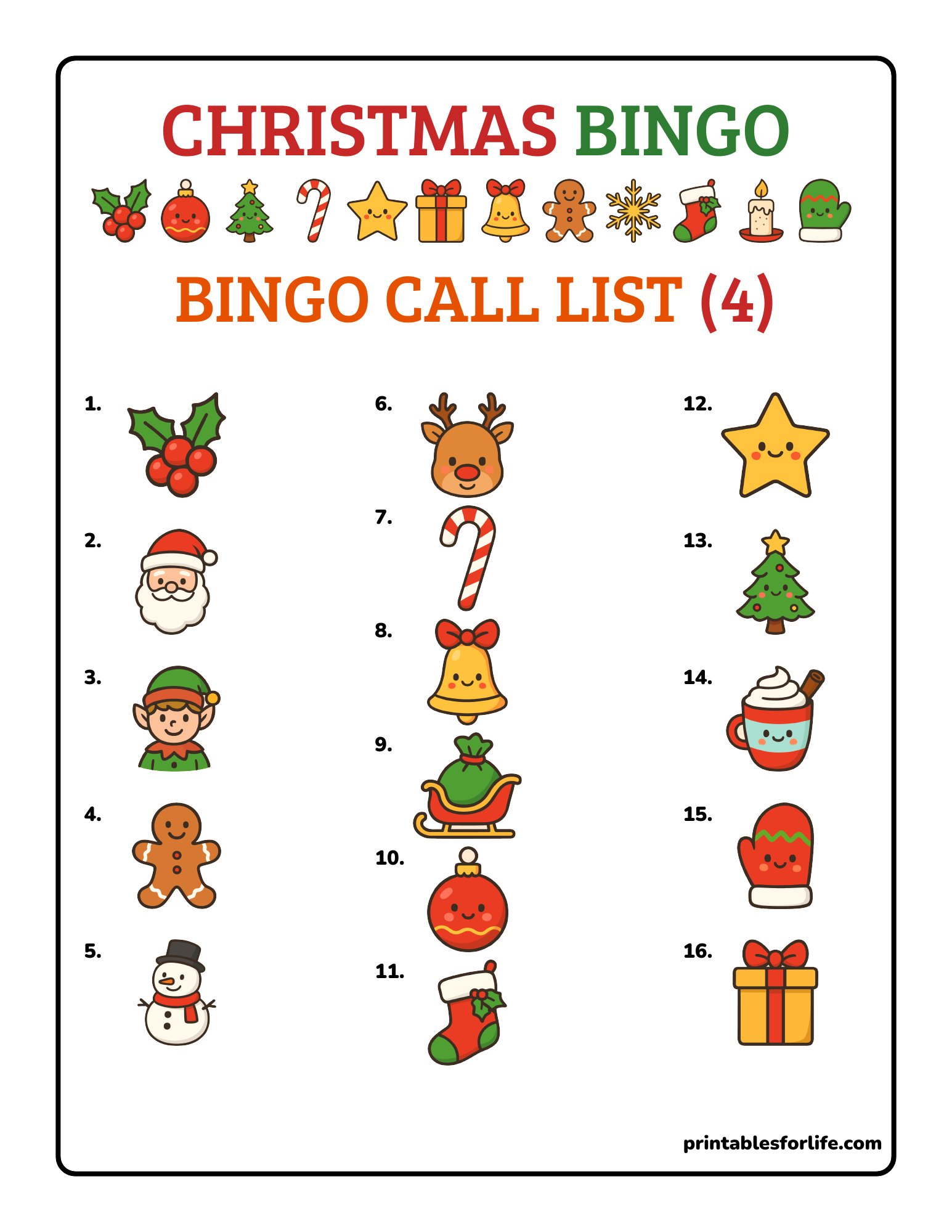 Vertical Christmas bingo call list page with numbered icons like stocking, ornament, sleigh, reindeer and Christmas tree.