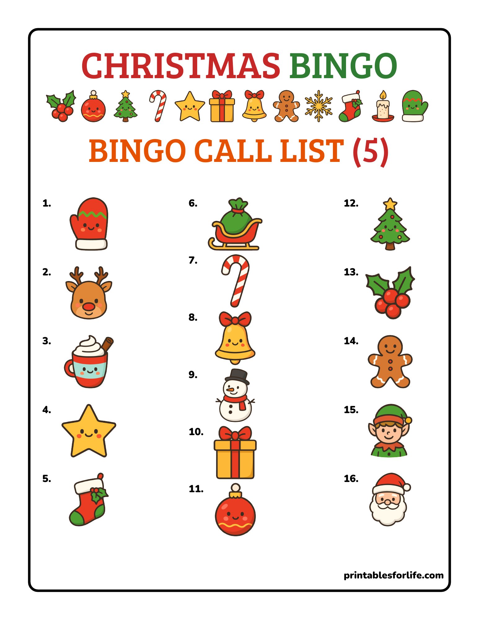 Christmas bingo call list with 16 numbered picture squares, no words, under a bright holiday header.