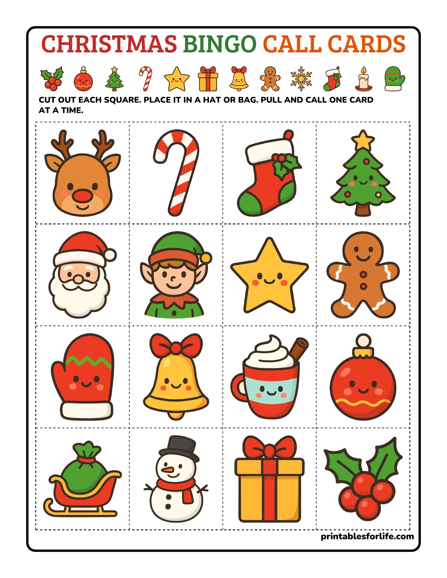 Christmas bingo call cards page with 16 cut-apart squares showing reindeer, candy cane, stocking, tree, Santa and elf.