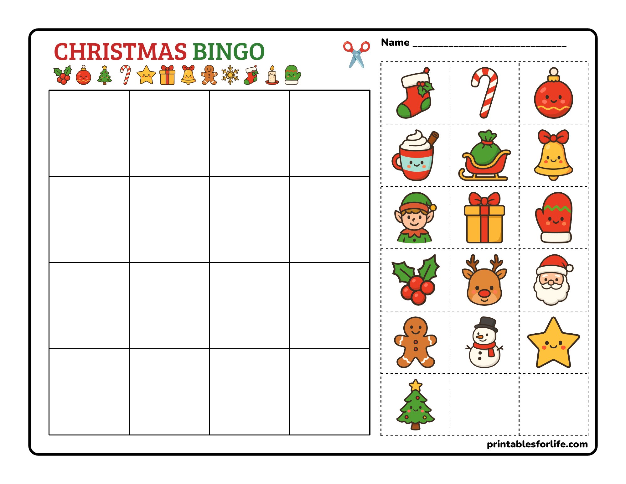 Christmas bingo DIY sheet with a blank 4x4 grid on the left and cut-out holiday icons in a column on the right.