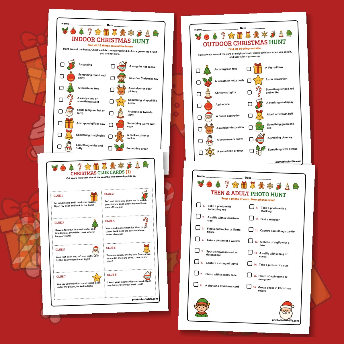 Free Christmas scavenger hunt printable with indoor and outdoor lists, riddle clue cards and a photo hunt, shown on a red background with Christmas icons.