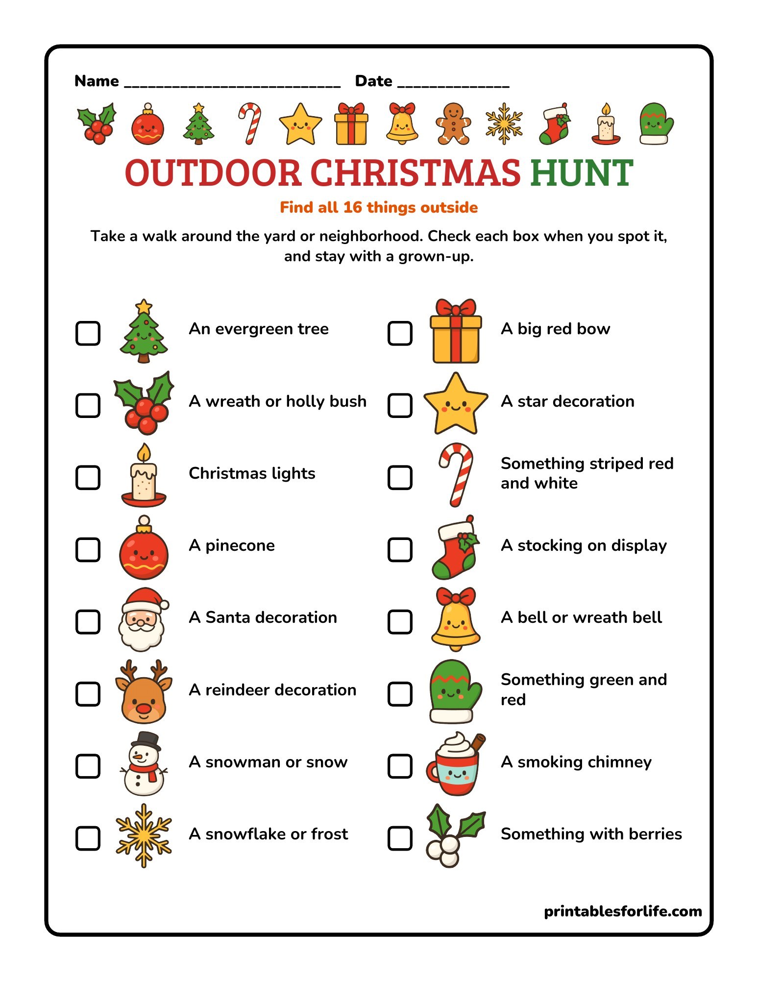 Outdoor Christmas scavenger hunt printable with 16 things to spot outside, with icons and check boxes.
