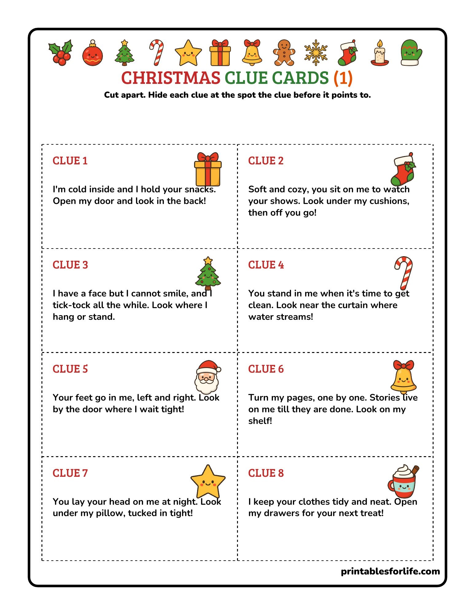Christmas scavenger hunt clue cards page 1 with riddles for clues 1 to 8, cut-apart cards.