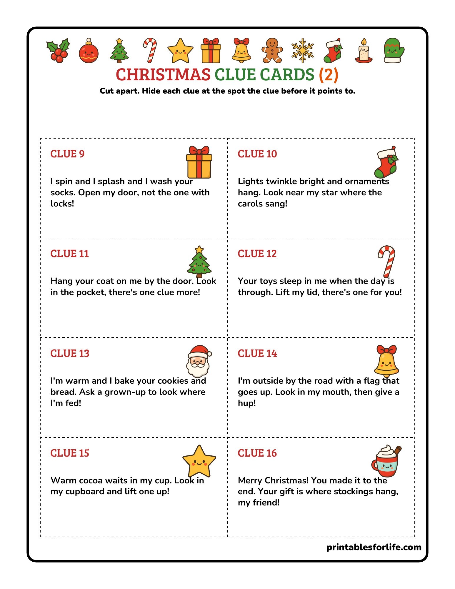 Christmas scavenger hunt clue cards page 2 with riddles for clues 9 to 16, cut-apart cards.