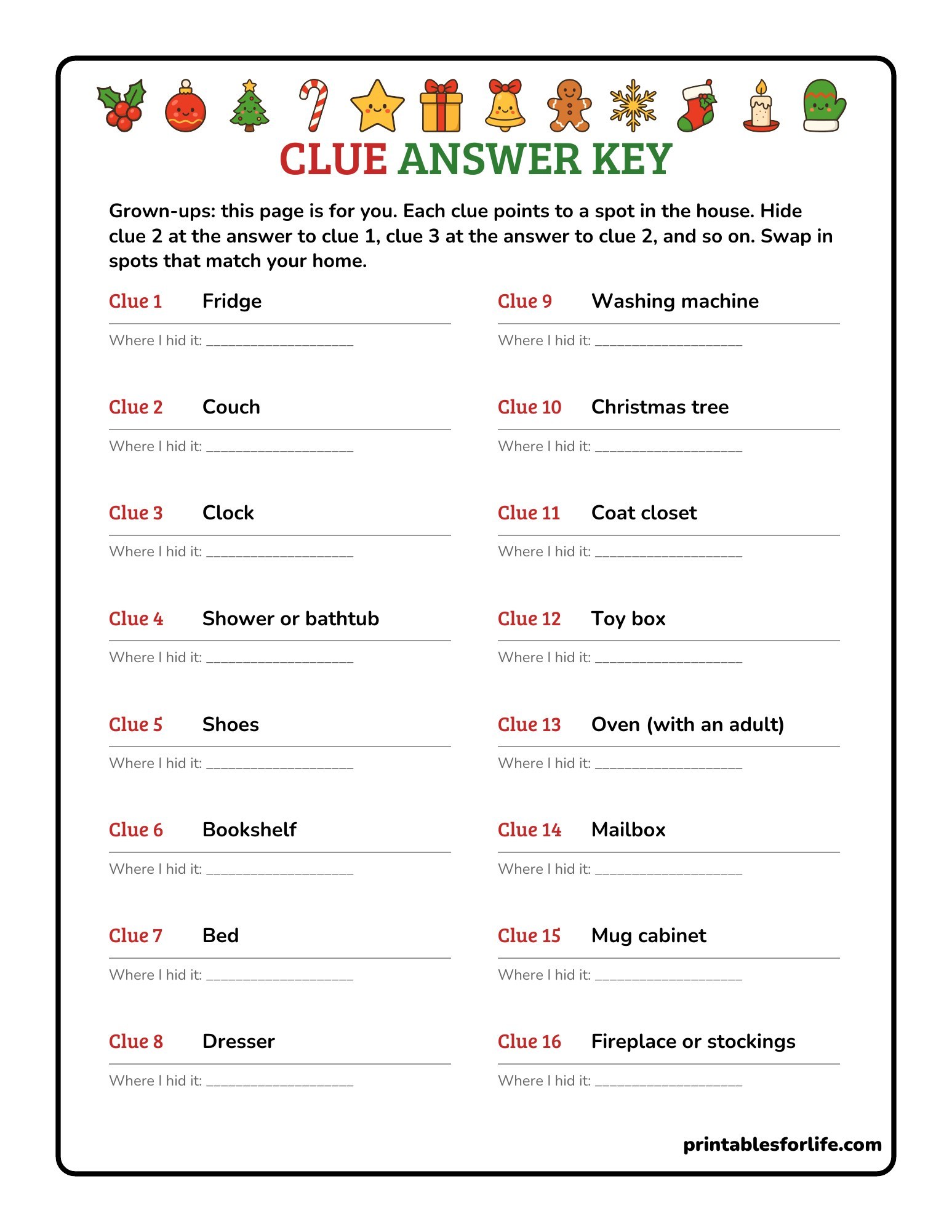 Christmas scavenger hunt clue answer key listing the hiding spot for each of the 16 clues.