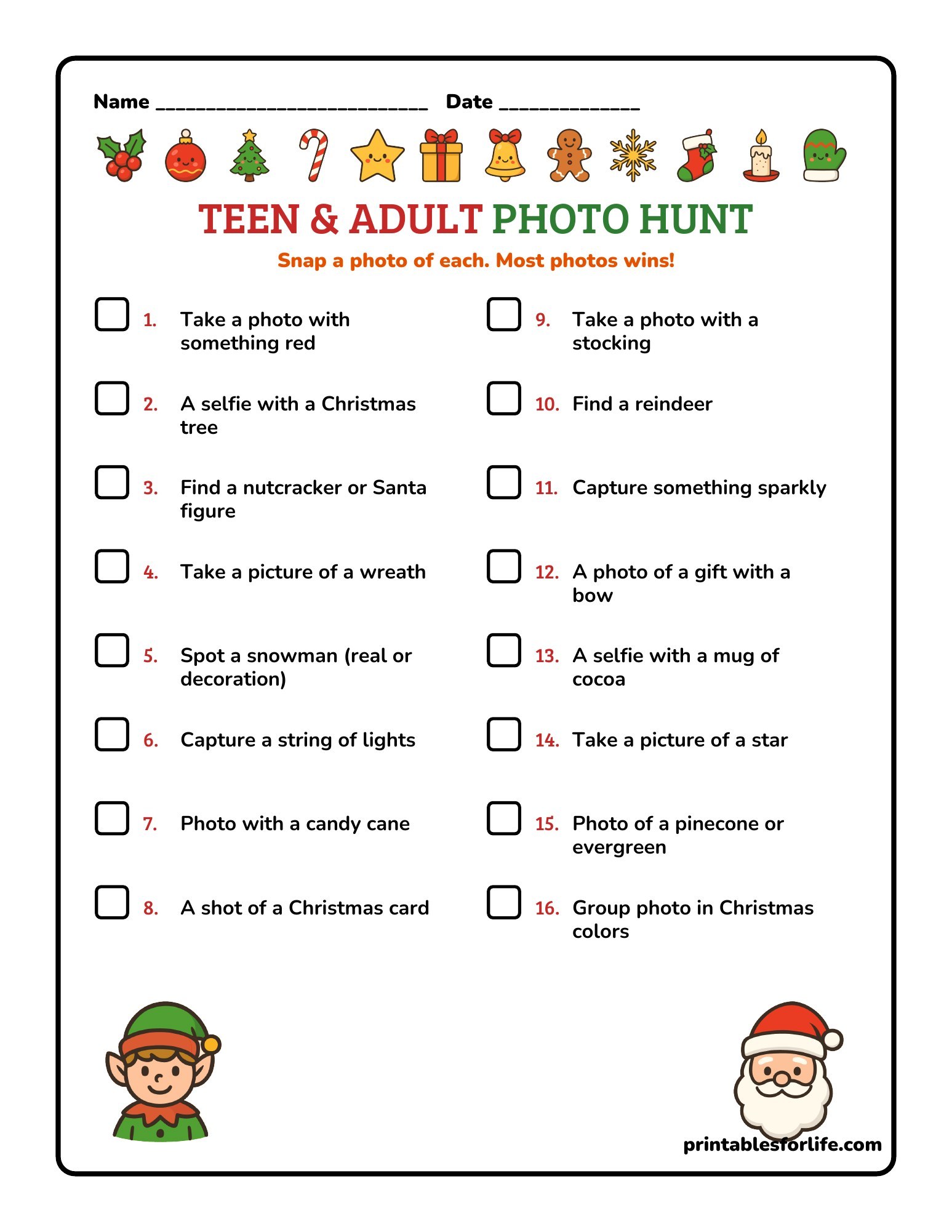 Teen and adult Christmas photo scavenger hunt printable with 16 photo challenges.