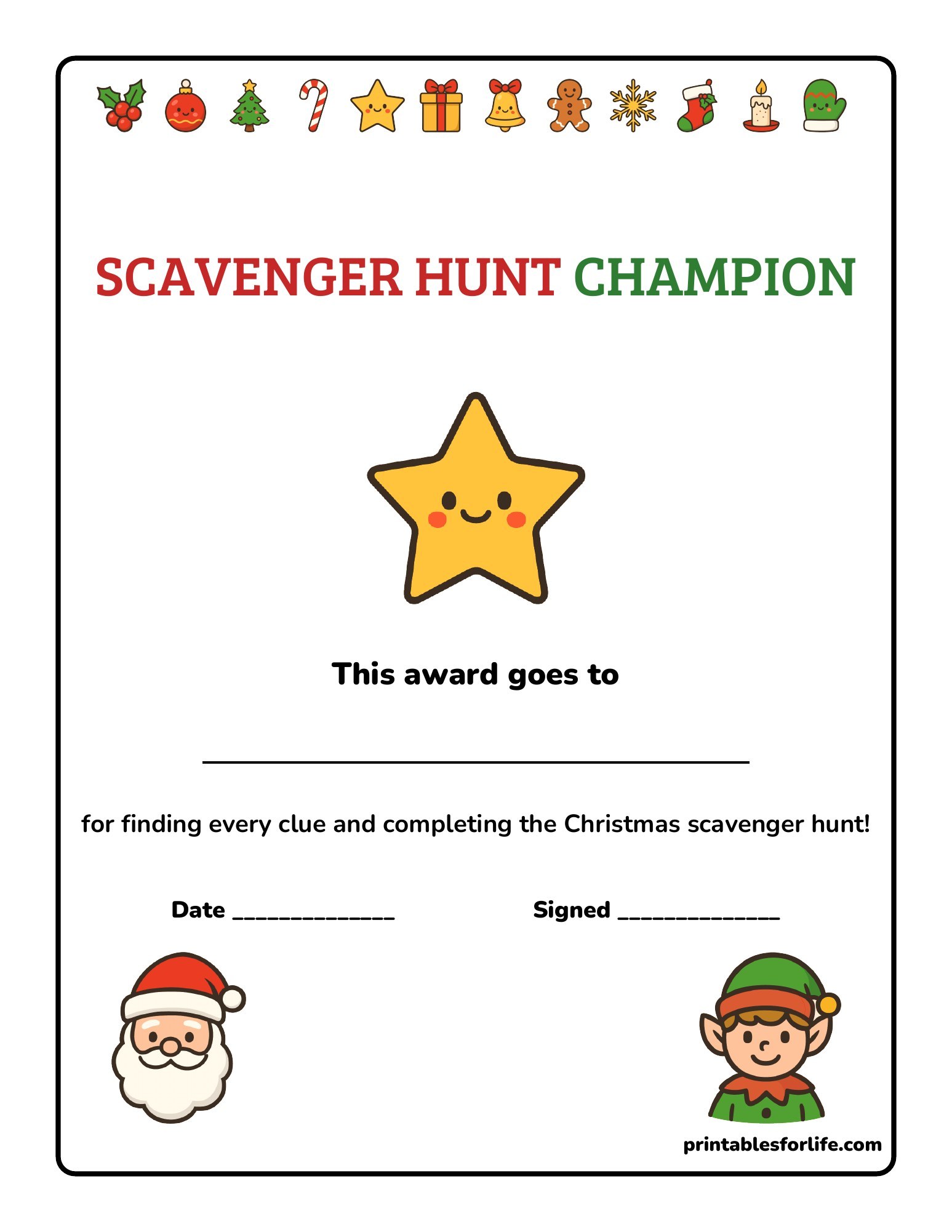 Scavenger hunt champion certificate printable with a star and space for a name.