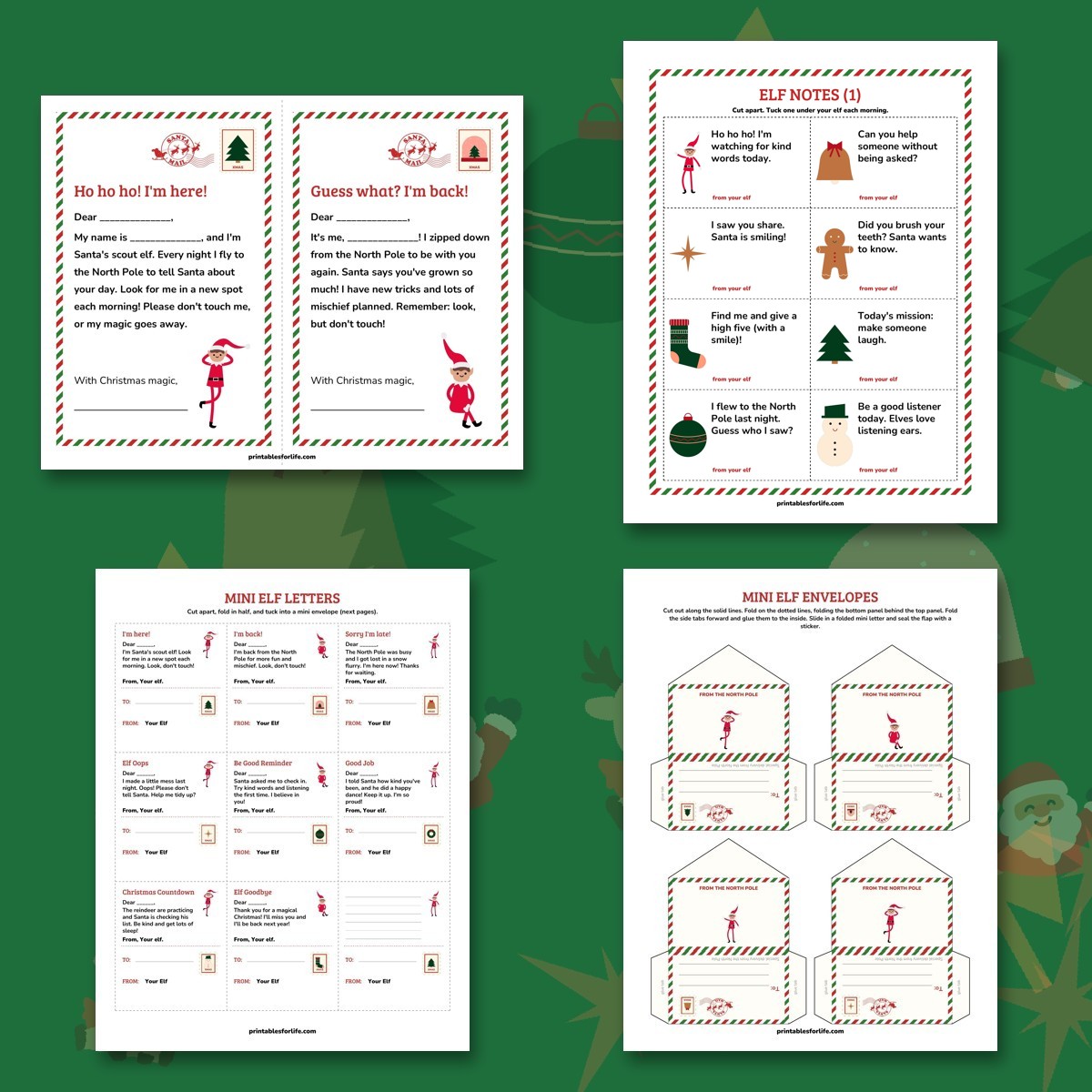 Free printable elf on the shelf letters and notes: half-page elf letters, daily elf notes, mini letters and mini envelopes with a red and green airmail border.