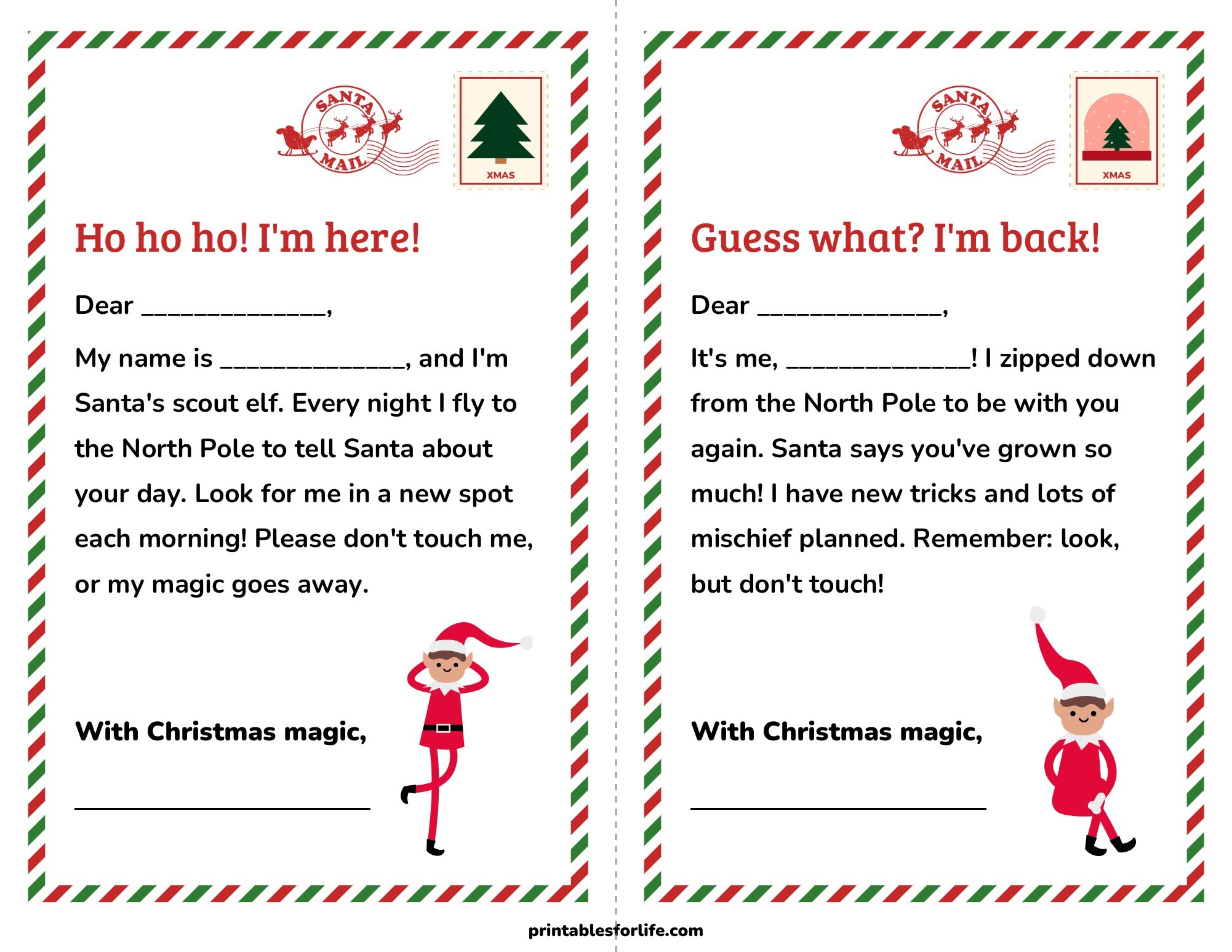 Printable elf arrival letter and elf I'm back letter, two portrait half-page letters with a red and green airmail border, Santa Mail postmark and Christmas stamp.