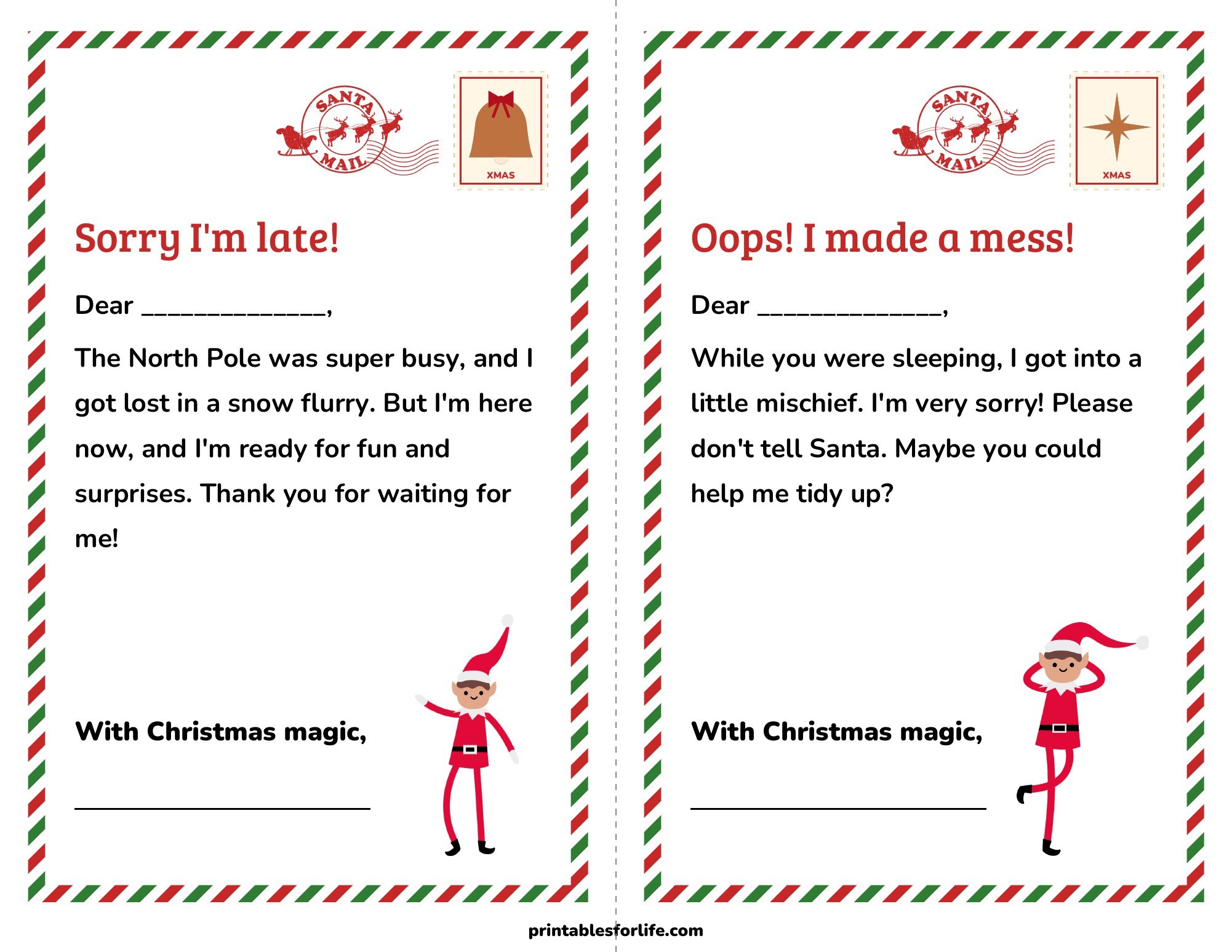 Printable elf sorry I'm late letter and elf oops letter, two half-page letters with fill-in-the-blank name lines.