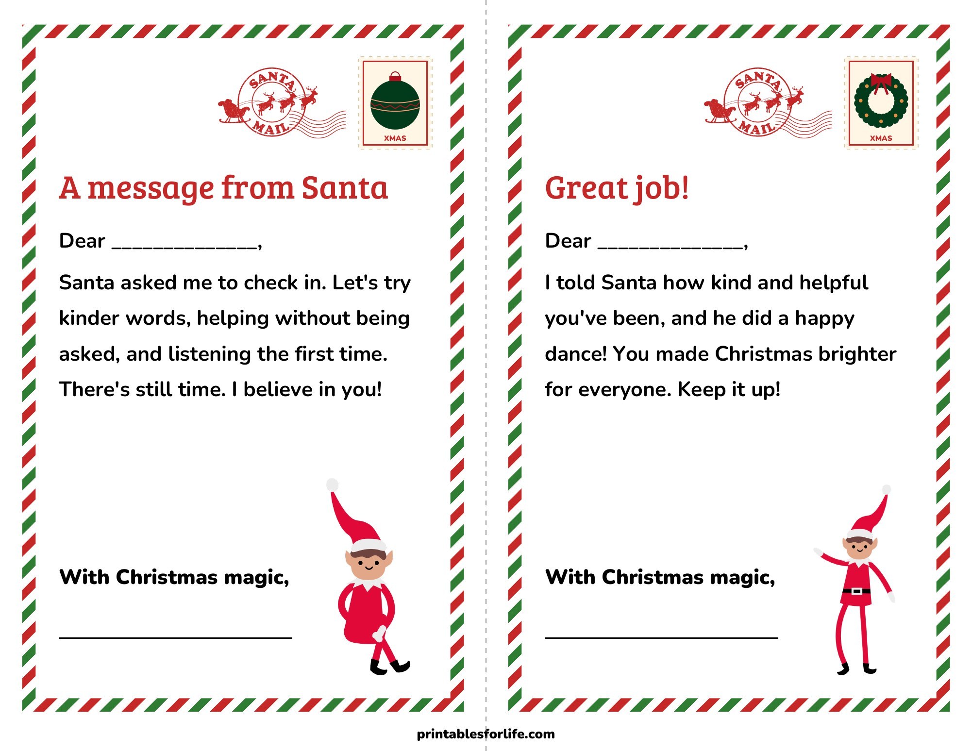 Printable elf be good reminder letter and elf good job letter, two half-page letters from your elf.