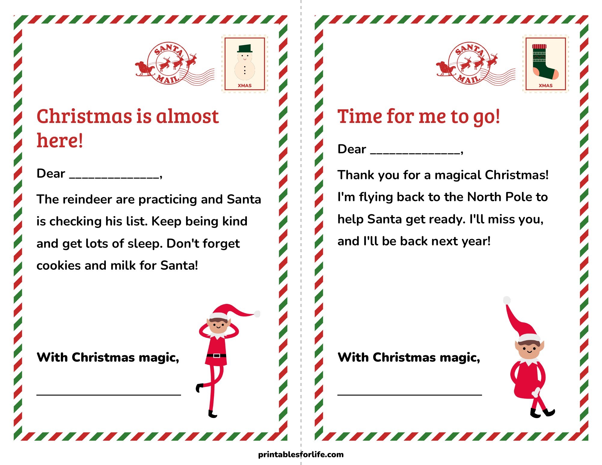 Printable elf Christmas countdown letter and elf goodbye letter, two half-page letters with a signature line.