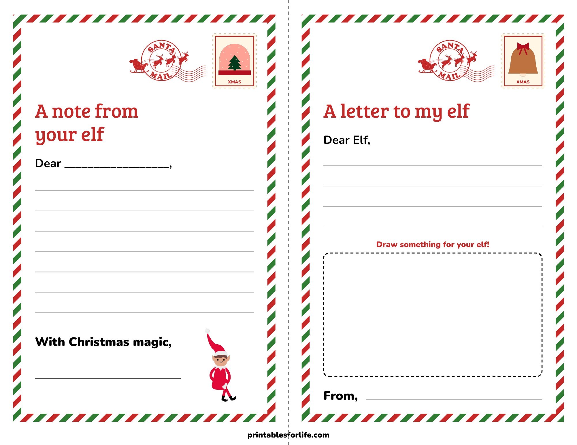 A blank printable note from your elf with writing lines, next to a letter to my elf page with a drawing box for kids.