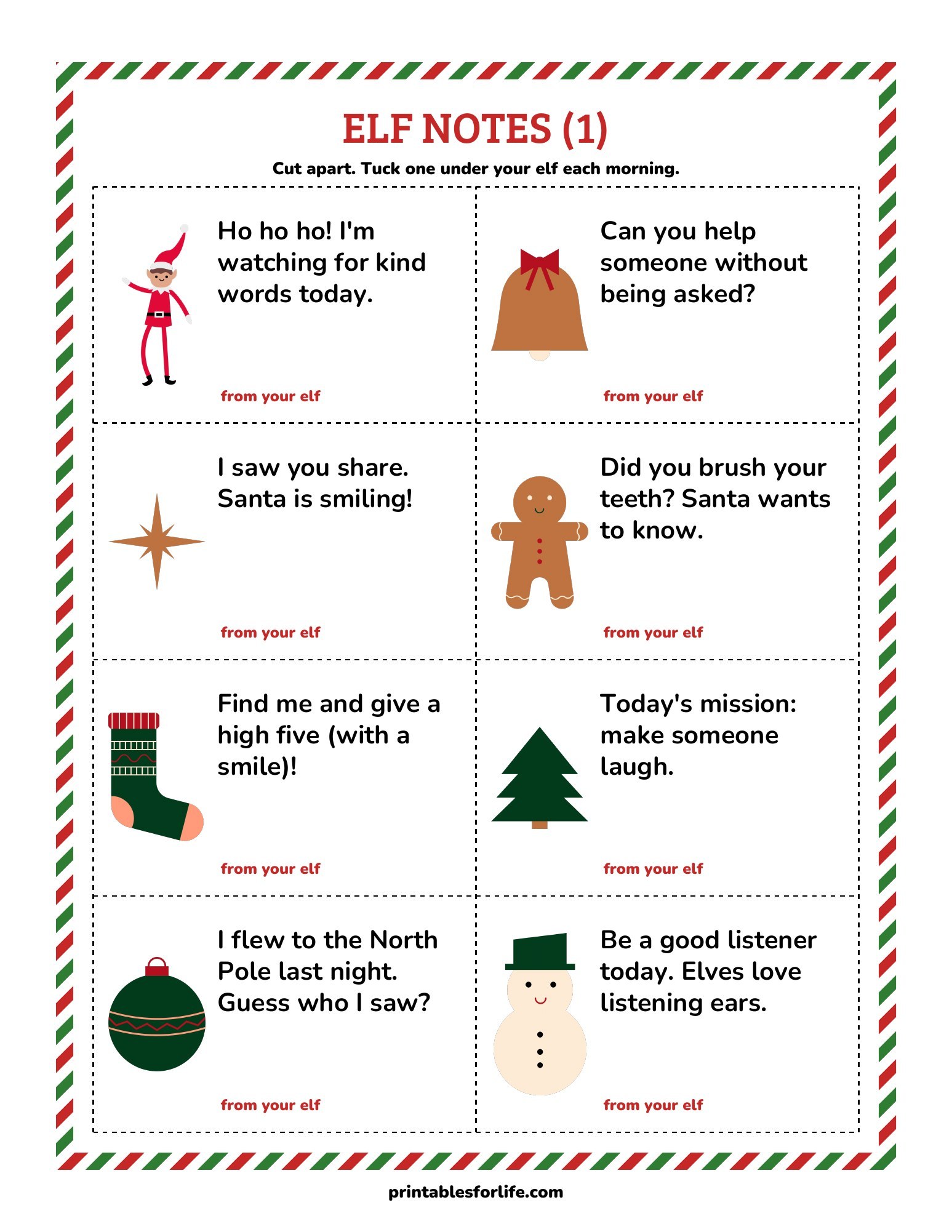 Elf notes page 1: eight cut-apart daily notes from your elf, each with a Christmas icon, inside an airmail border.