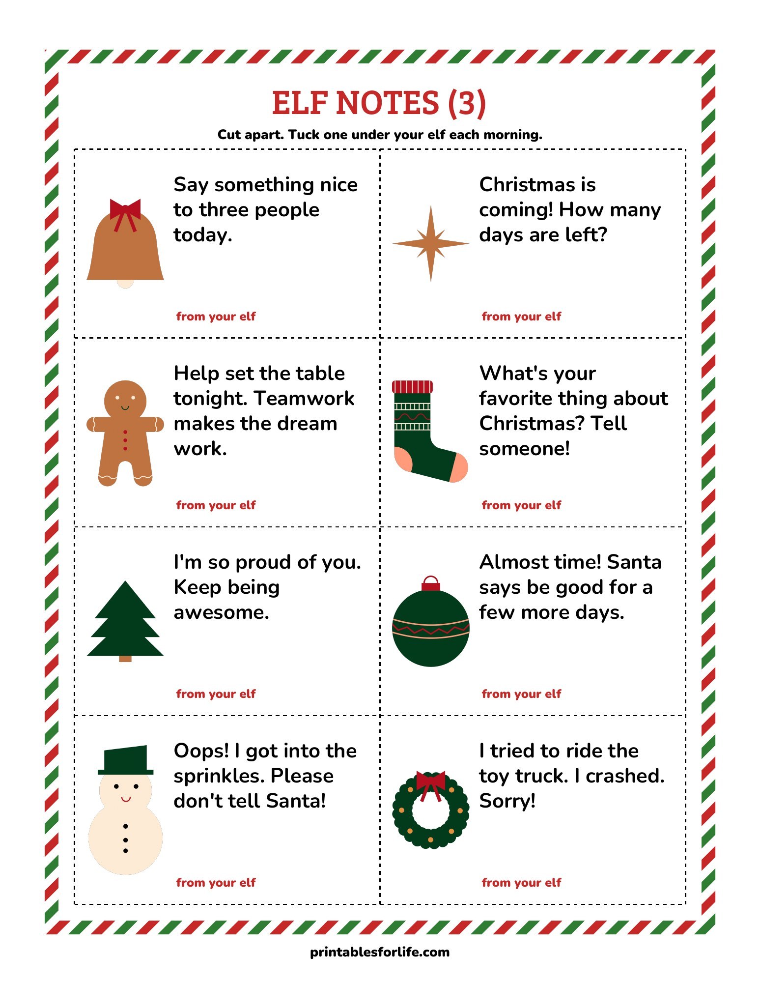 Elf notes page 3: eight cut-apart daily notes, including kind notes and a few naughty-list notes.