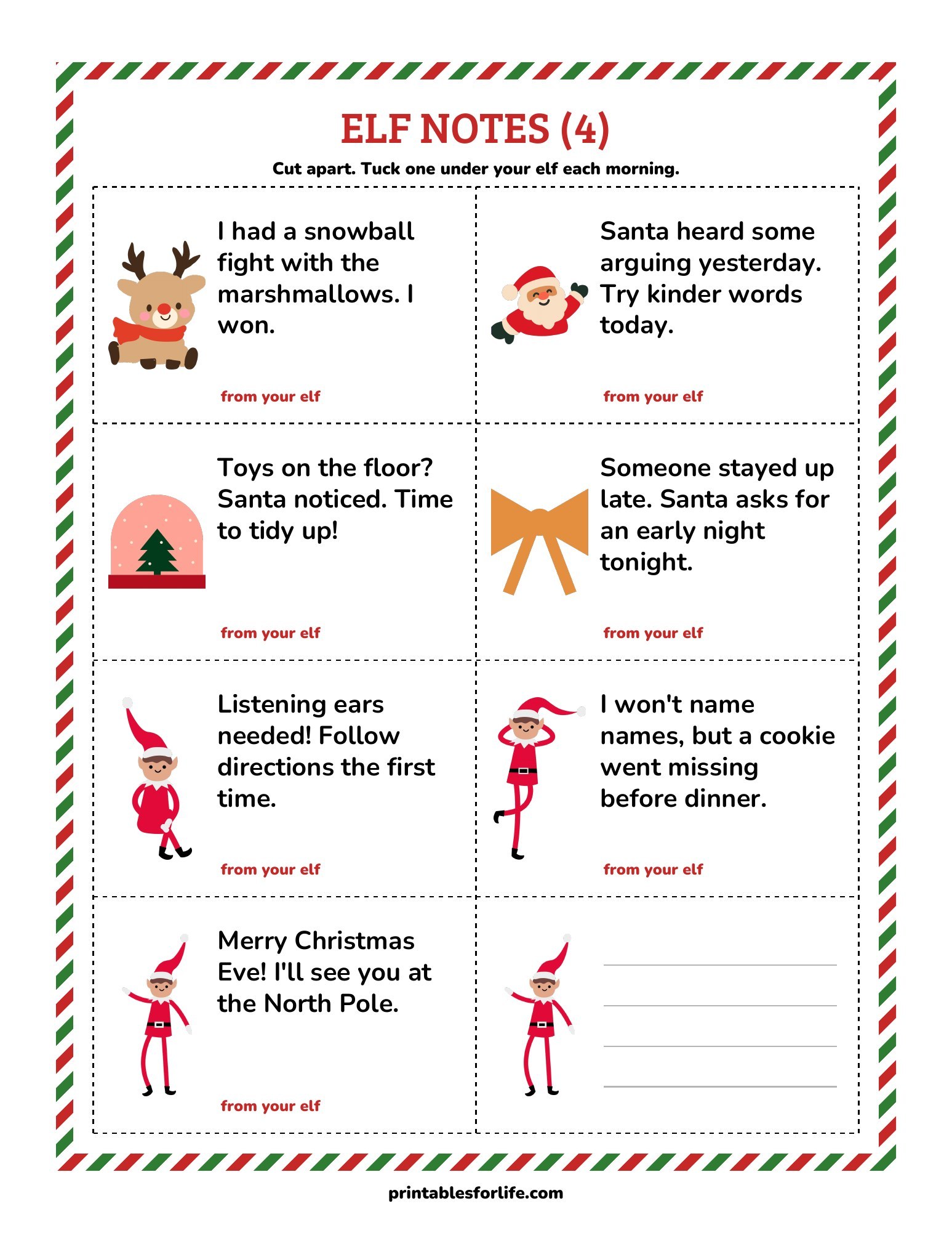 Elf notes page 4: the last cut-apart elf notes, ending with a Merry Christmas Eve note and a write-your-own note card.
