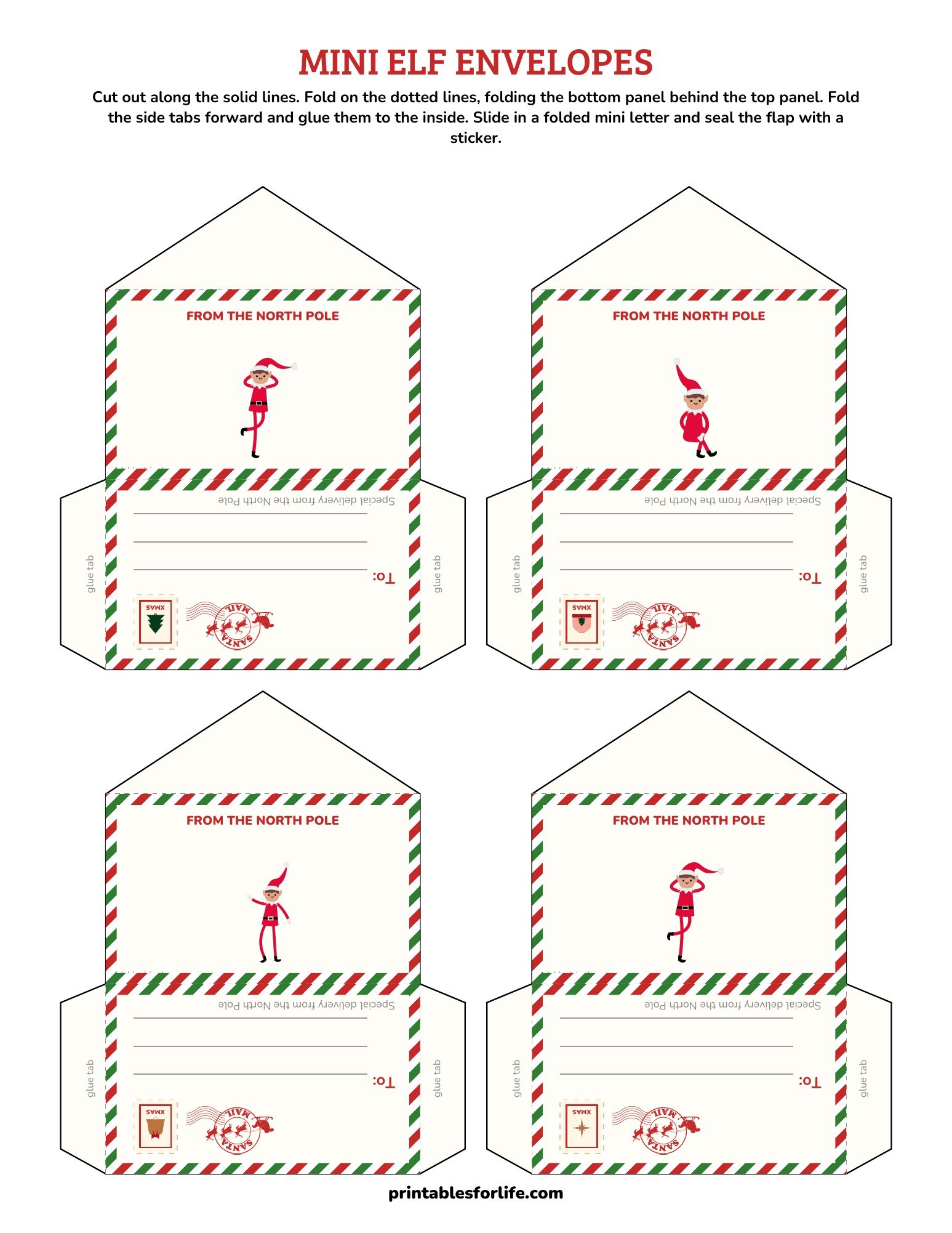 Mini elf envelopes page 1: four cut-and-fold envelope templates with a red and green airmail border and glue tabs.