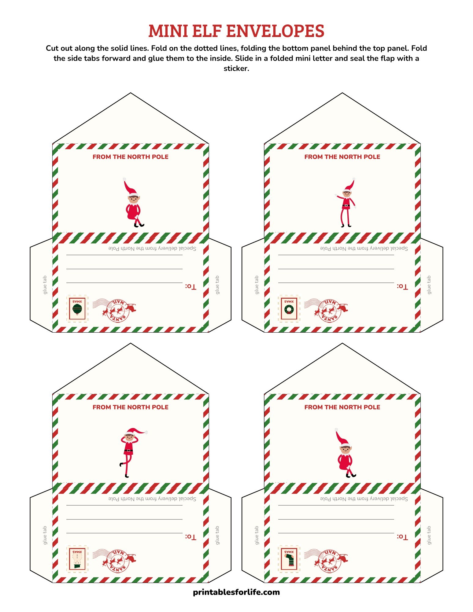 Mini elf envelopes page 2: four more cut-and-fold mini envelope templates.