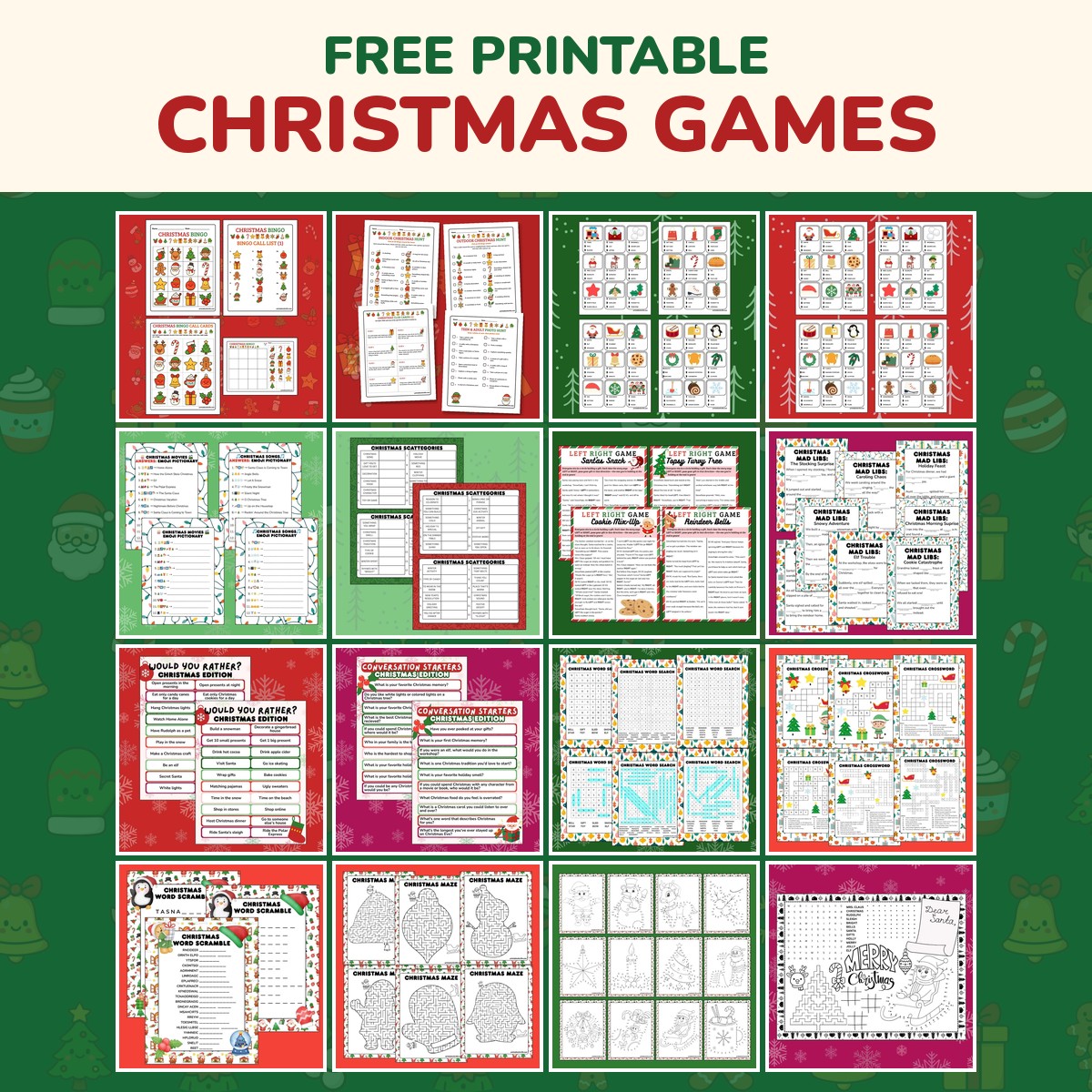 Free printable Christmas games collage showing bingo, scavenger hunt, charades, pictionary, Scattergories, Mad Libs, word search, crossword, mazes and dot to dot pages.